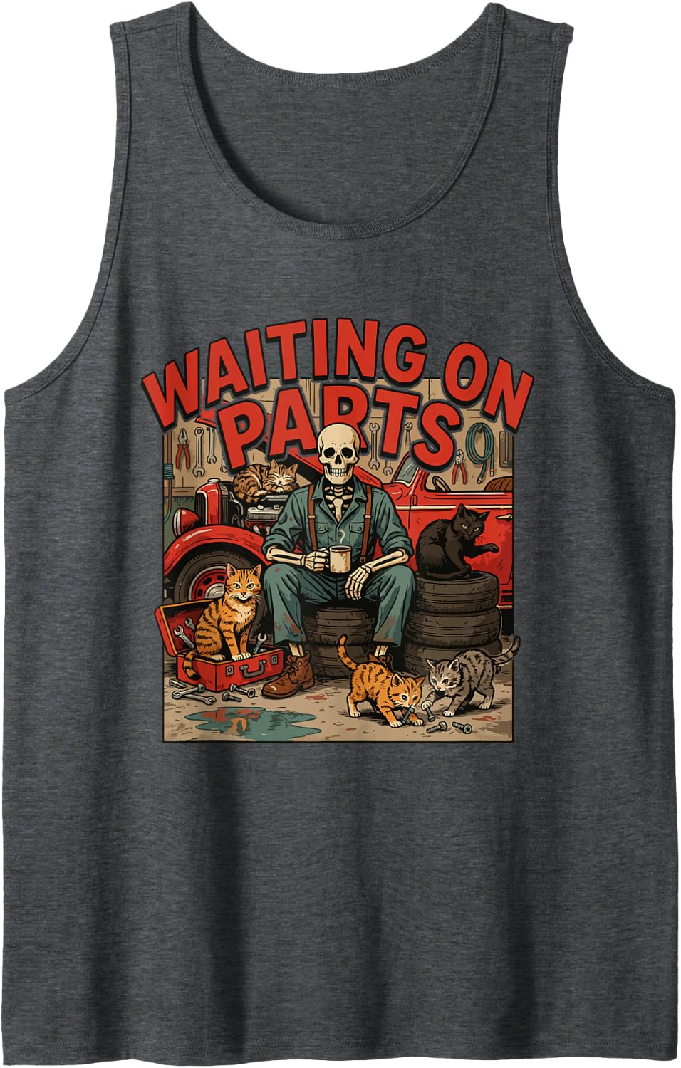 Funny Waiting On Parts Mechanic Skeleton Auto Repair Life Sleeveless Tank Top - Dark Heather Grey