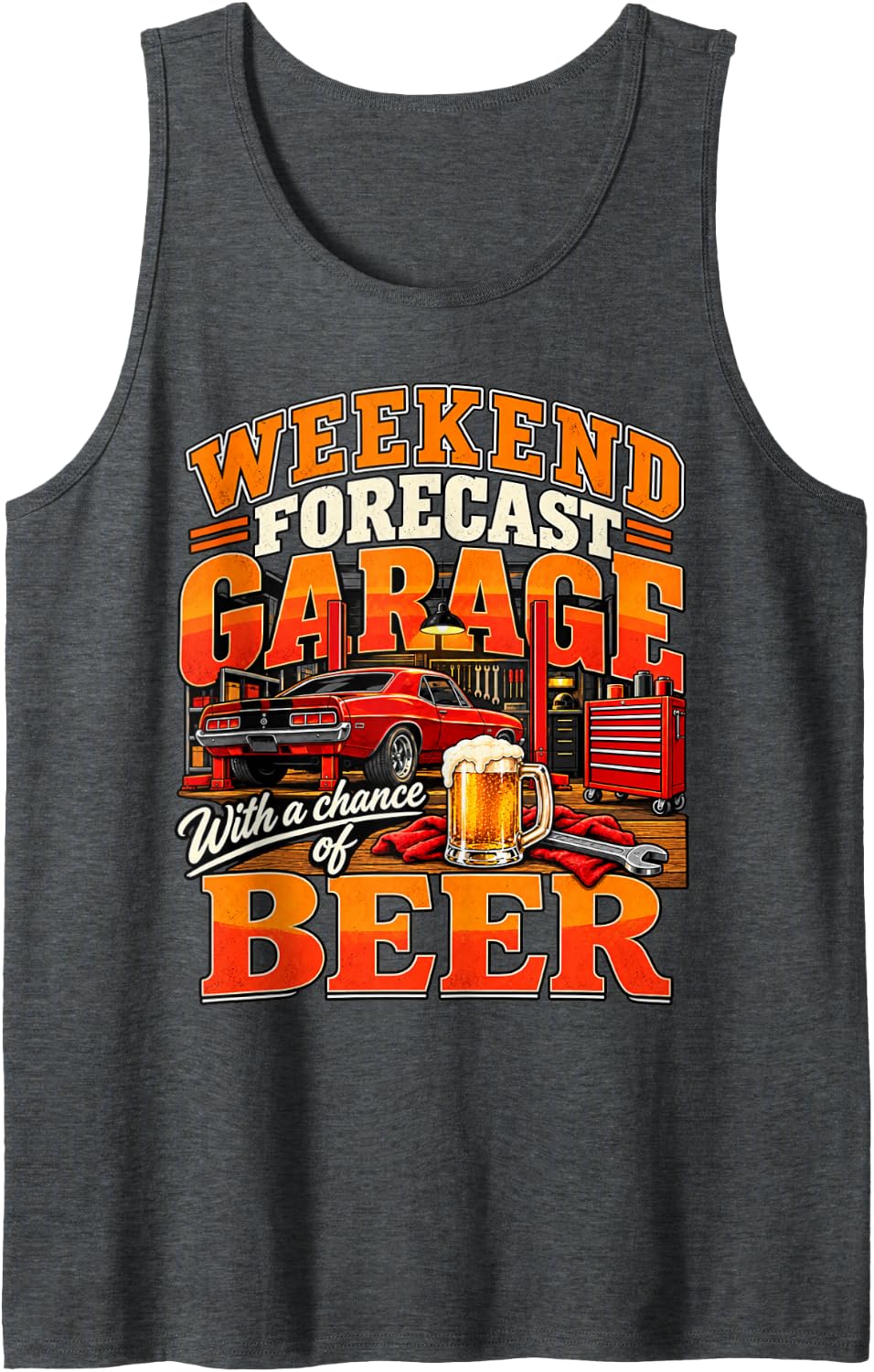 Garage Weekend Forecast Beer Humor for DIY Auto Mechanics Sleeveless Tank Top - Dark Heather Grey