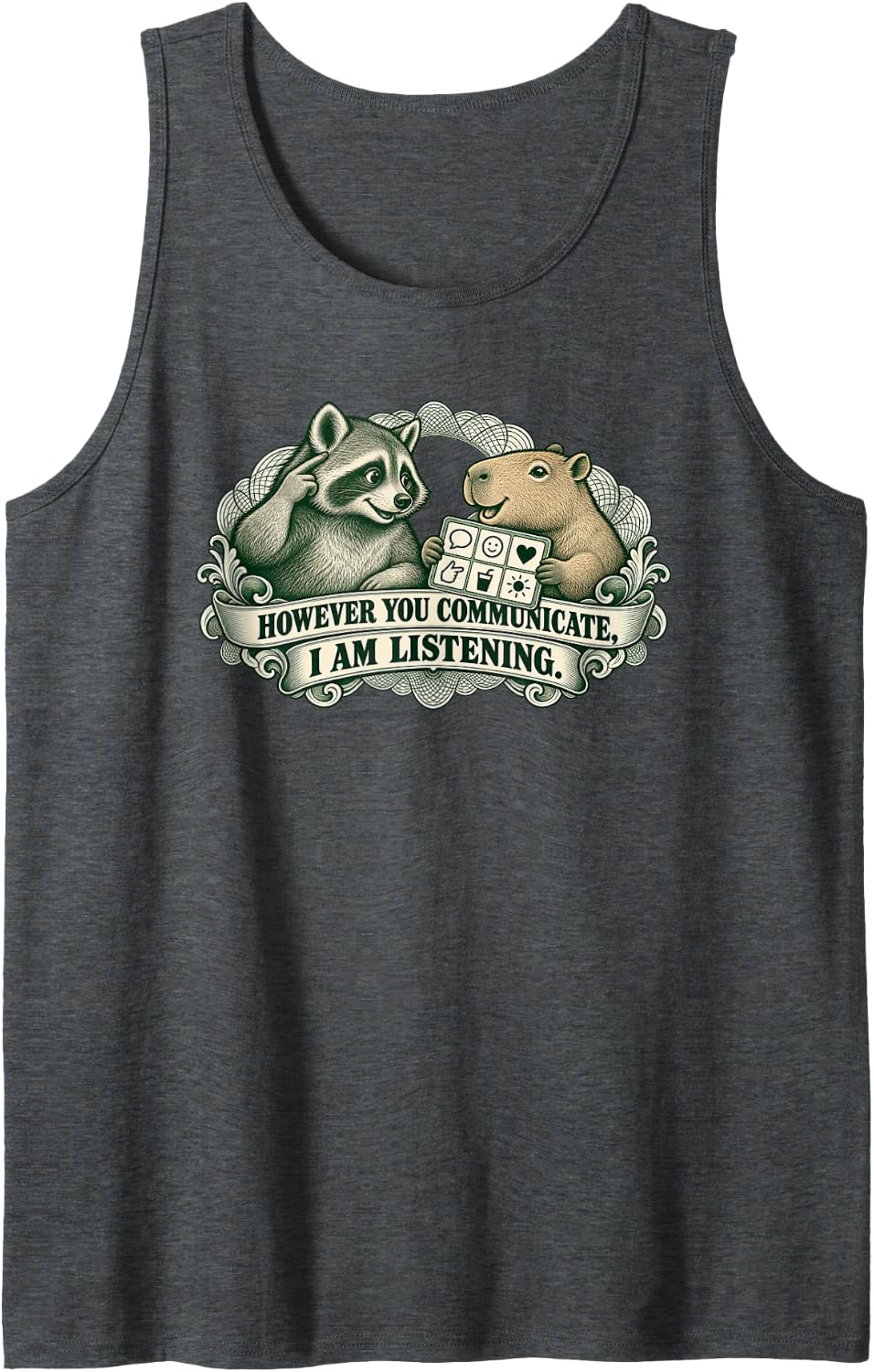 AAC Raccoon Listening Communication Capybara Picture Board Sleeveless Tank Top - Dark Heather Grey
