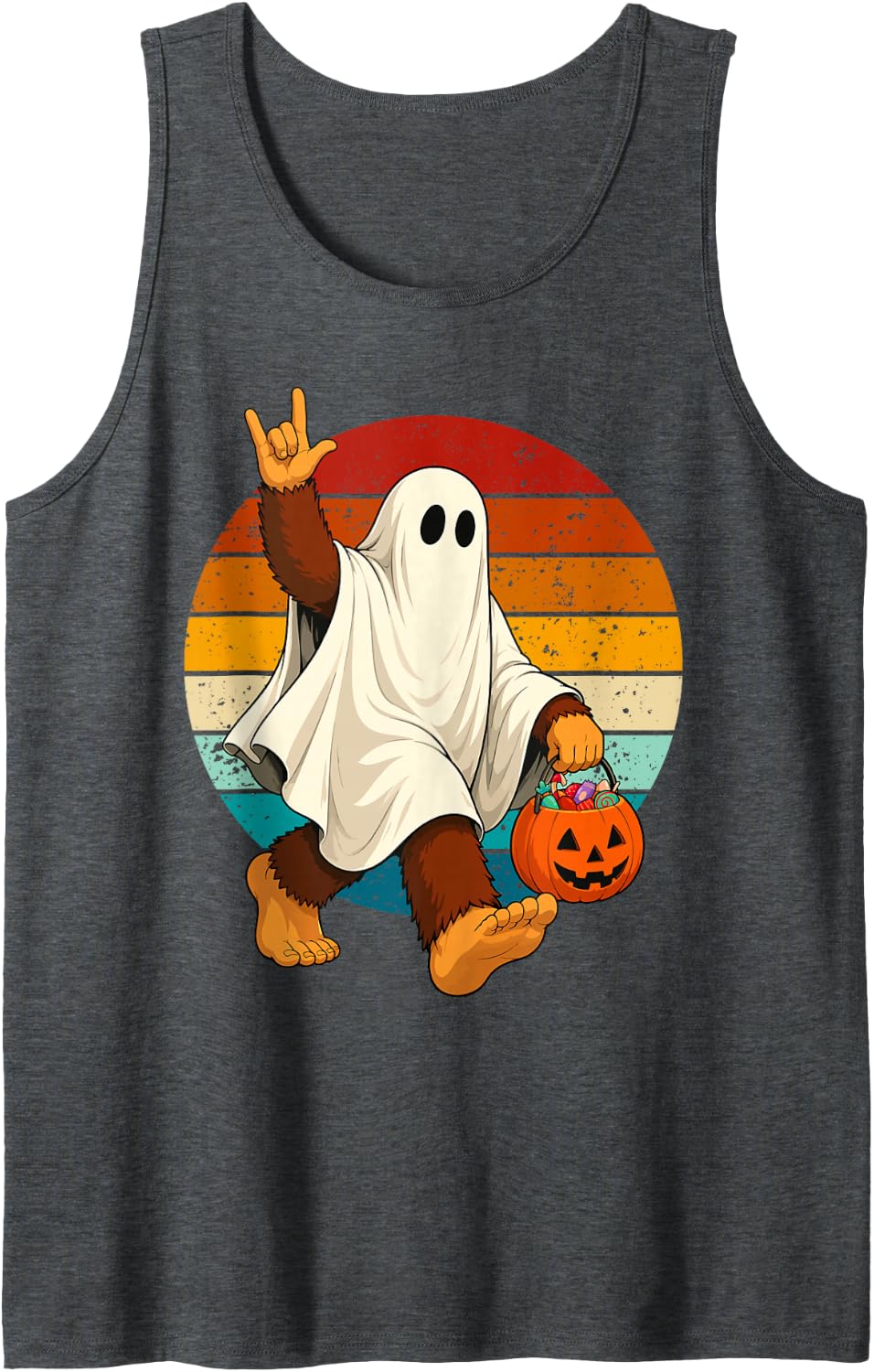 Halloween Day Bigfoot Ghost Costume Rock Hand Sign Boys Men Sleeveless Tank Top - Dark Heather Grey