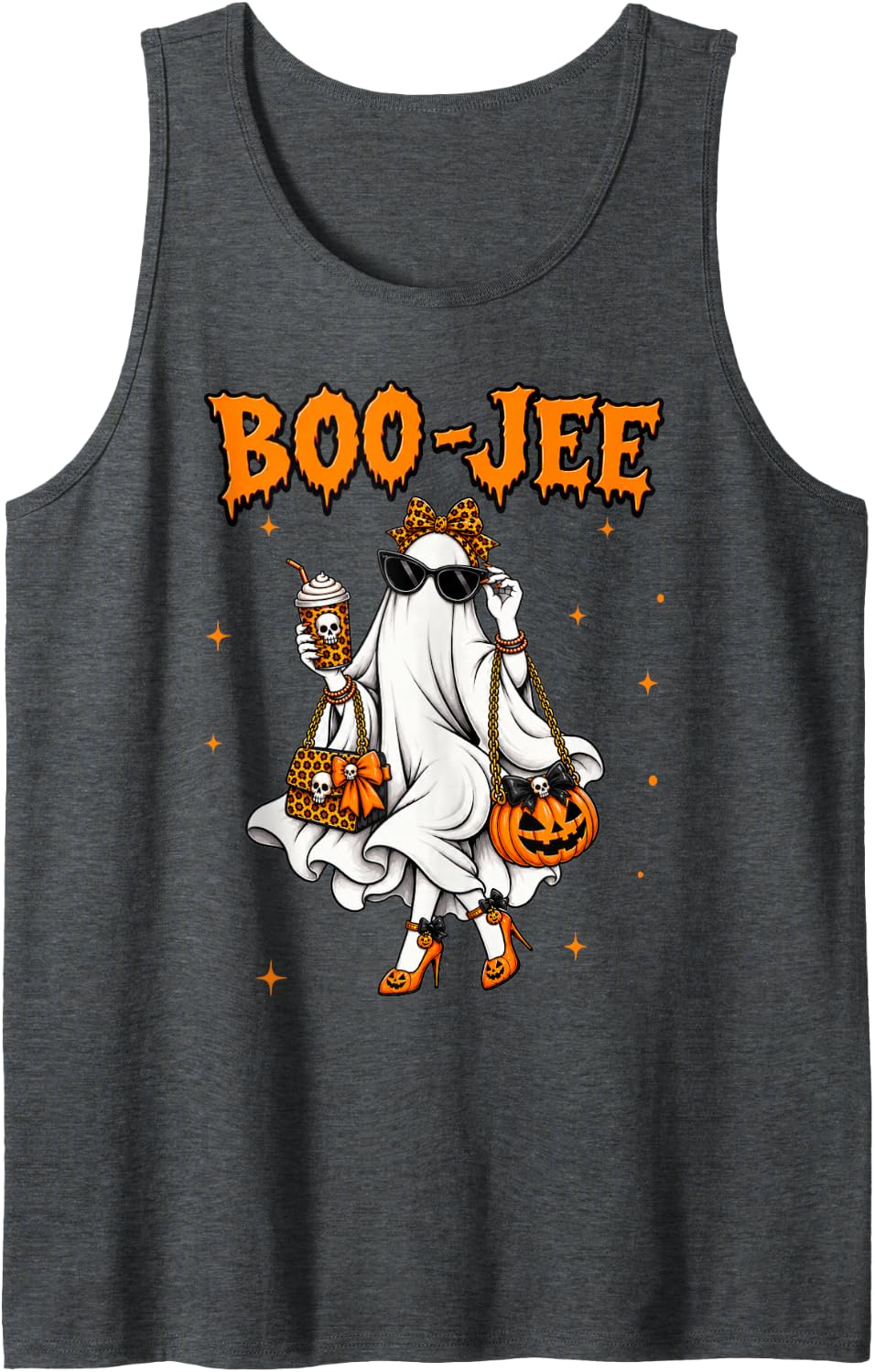 Coquette Leopard Ghost Coffee BooJEE Halloween Boujee Ghost Sleeveless Tank Top - Dark Heather Grey