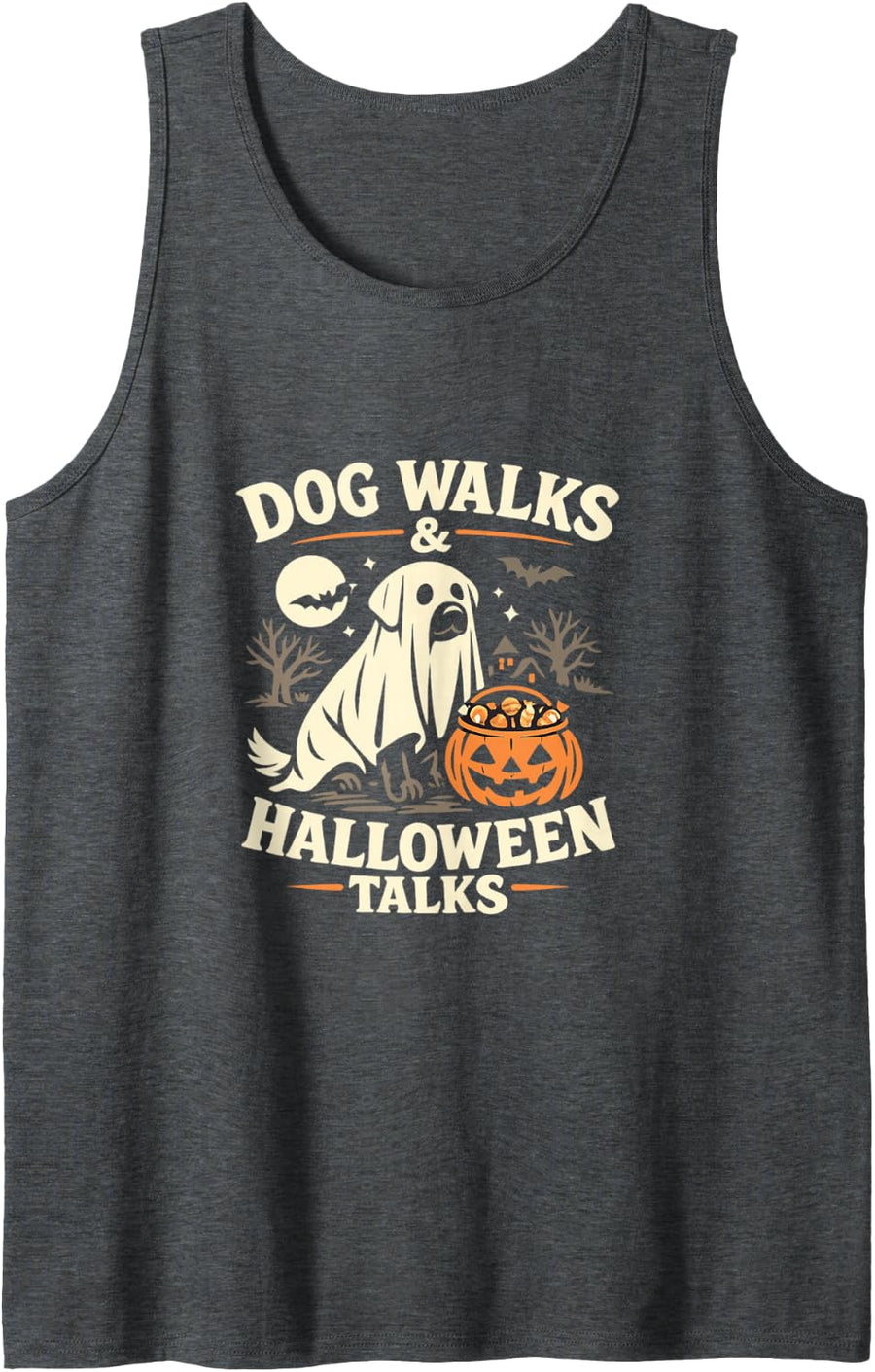 Ghost Dog Walk Pumpkin Halloween Night Sleeveless Tank Top - Dark Heather Grey