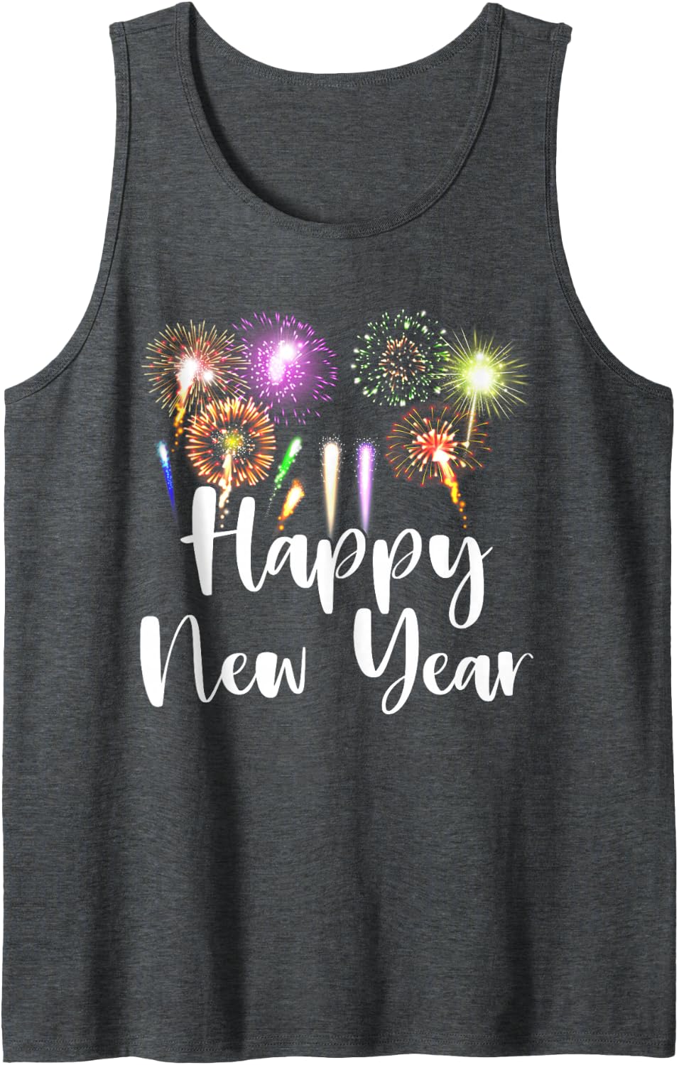 Happy New Year 2025 Fireworks Display with Bright Sparkling Sleeveless Tank Top - Dark Heather Grey