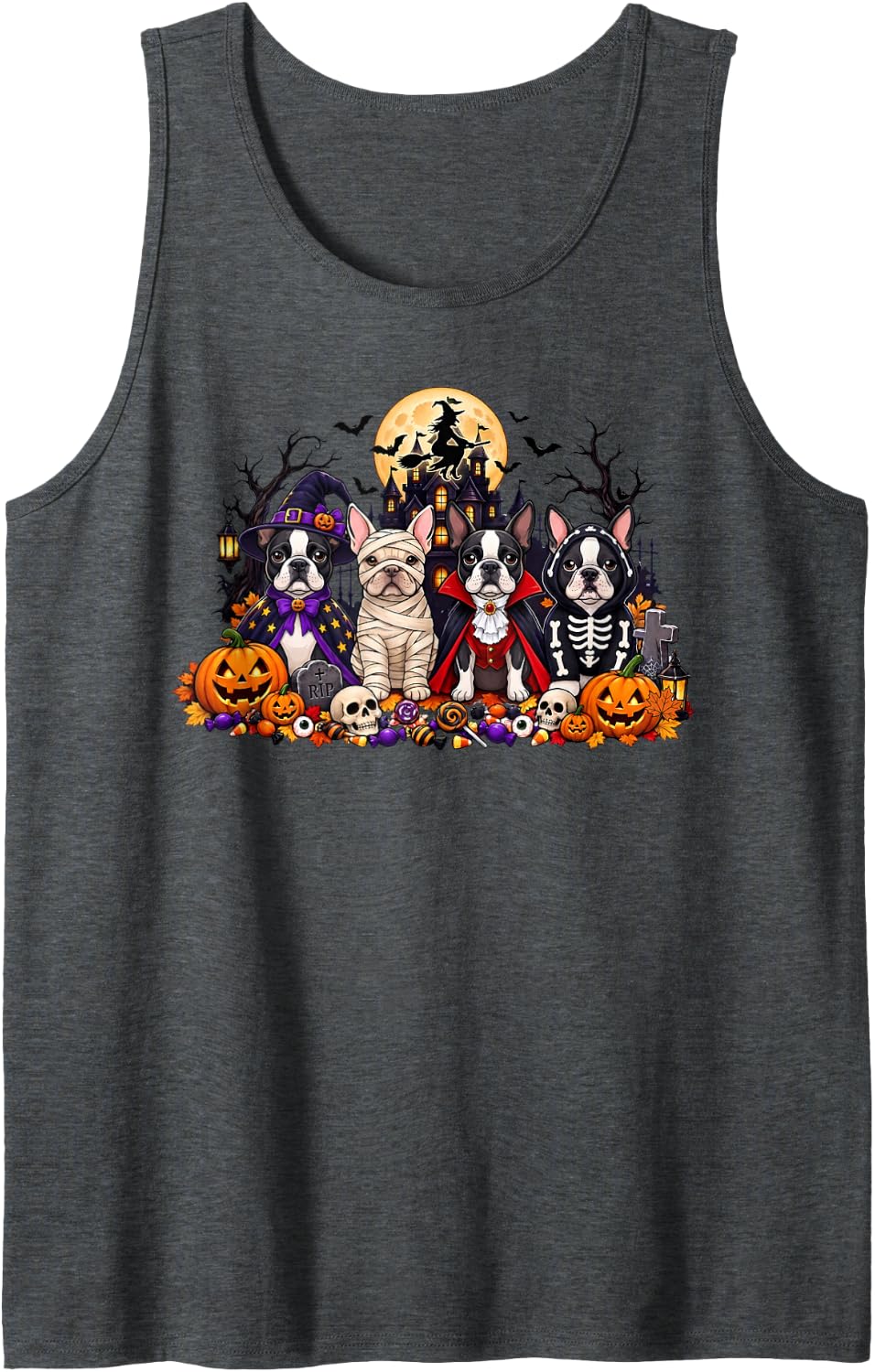 Cute Boston Terrier Dog Dressed as Ghost Funny Halloween Sleeveless Tank Top - Dark Heather Grey