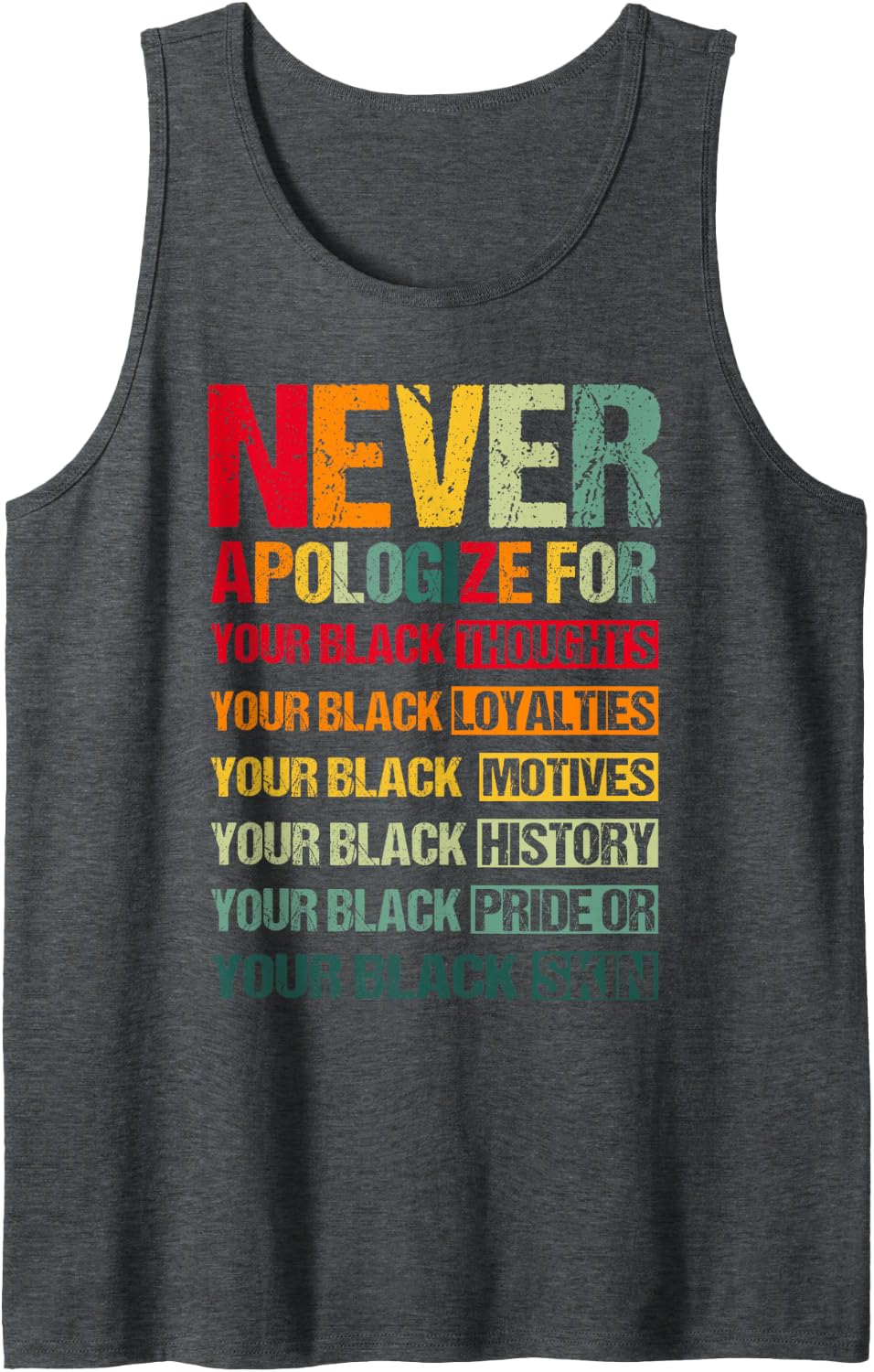 Never Apologize for Your Blackness Black History Month Pride Sleeveless Tank Top - Dark Heather Grey