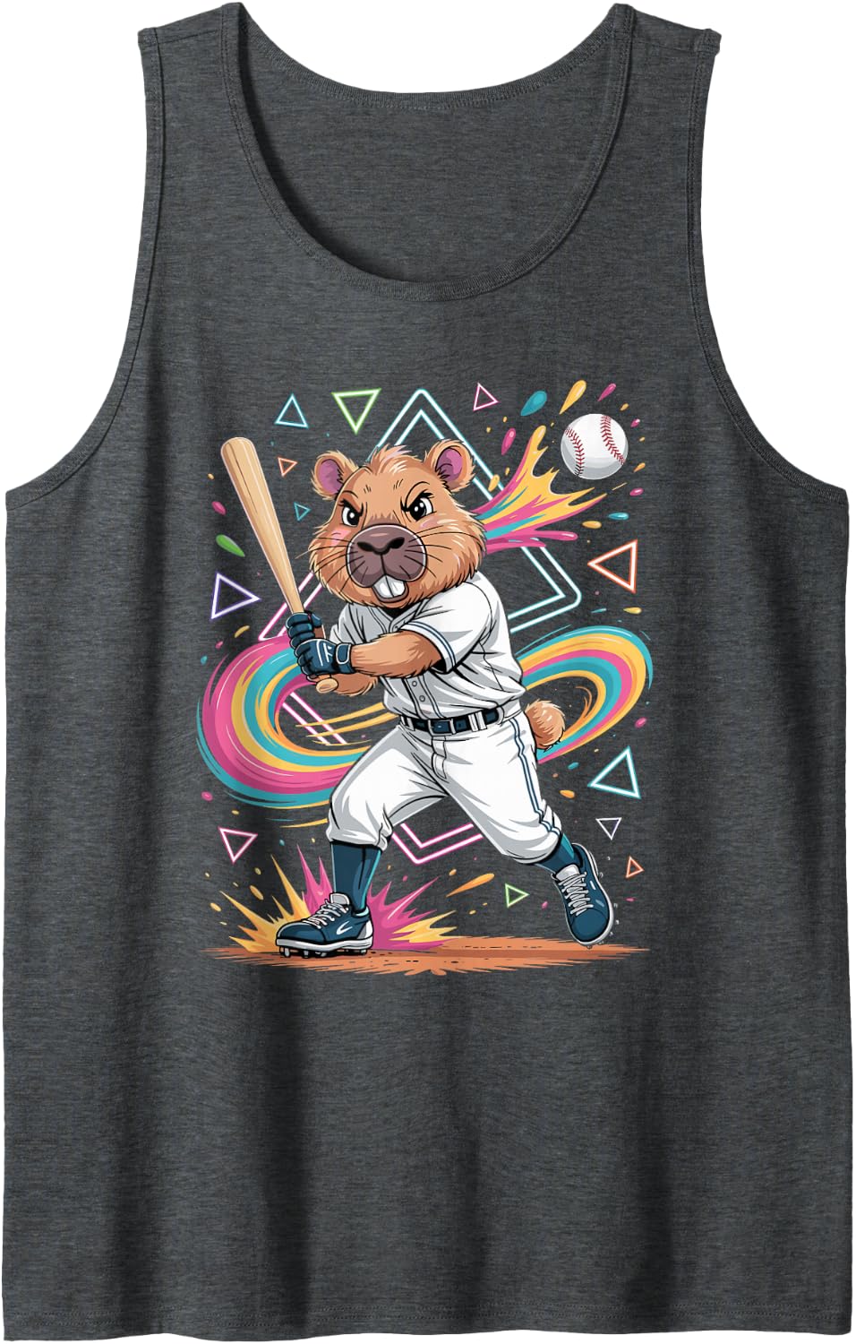 Baseball Capybara Retro Splash Art Sleeveless Tank Top - Dark Heather Grey