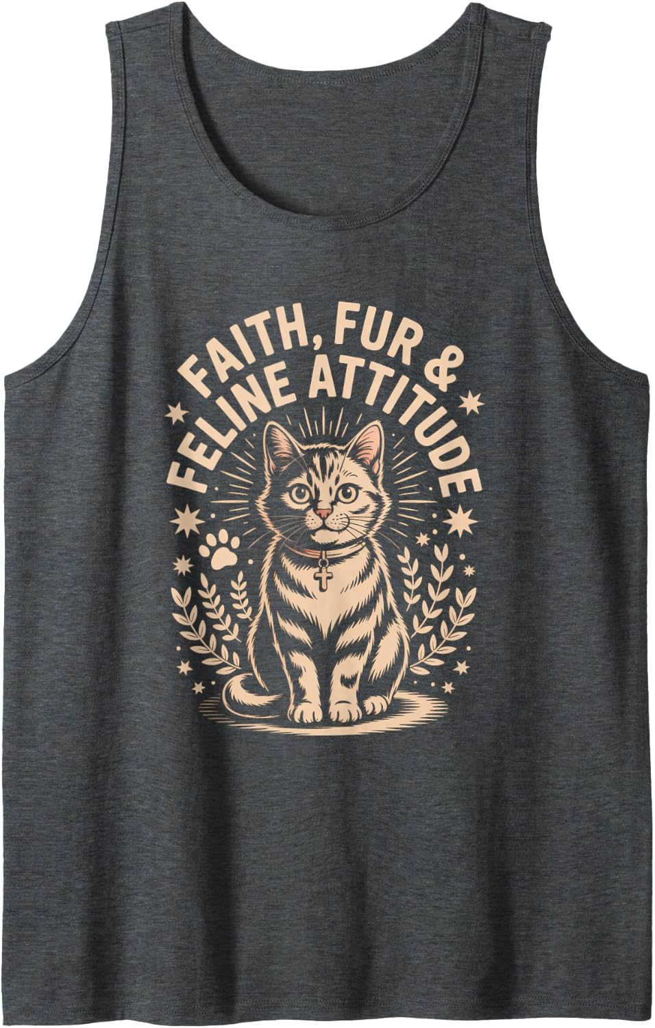 Faith Fur and Feline Attitude Cat Lover Tank Top - Dark Heather Grey