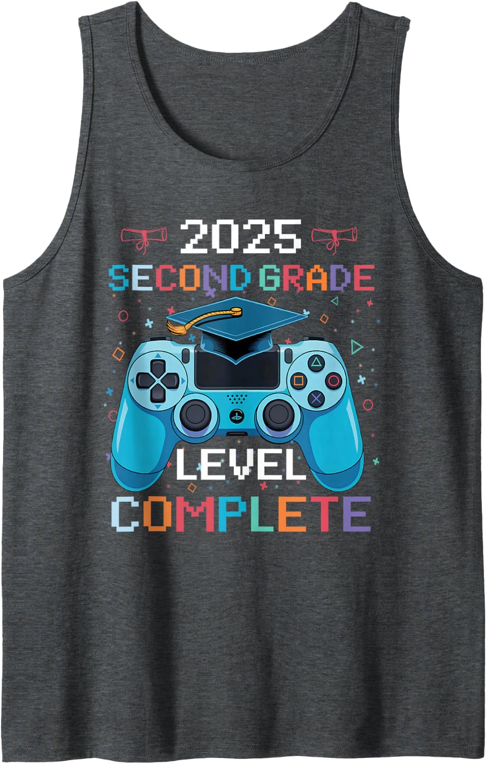 2nd Grade Level Complete Video Gamer Boy Graduation Sleeveless Tank Top - Dark Heather Grey