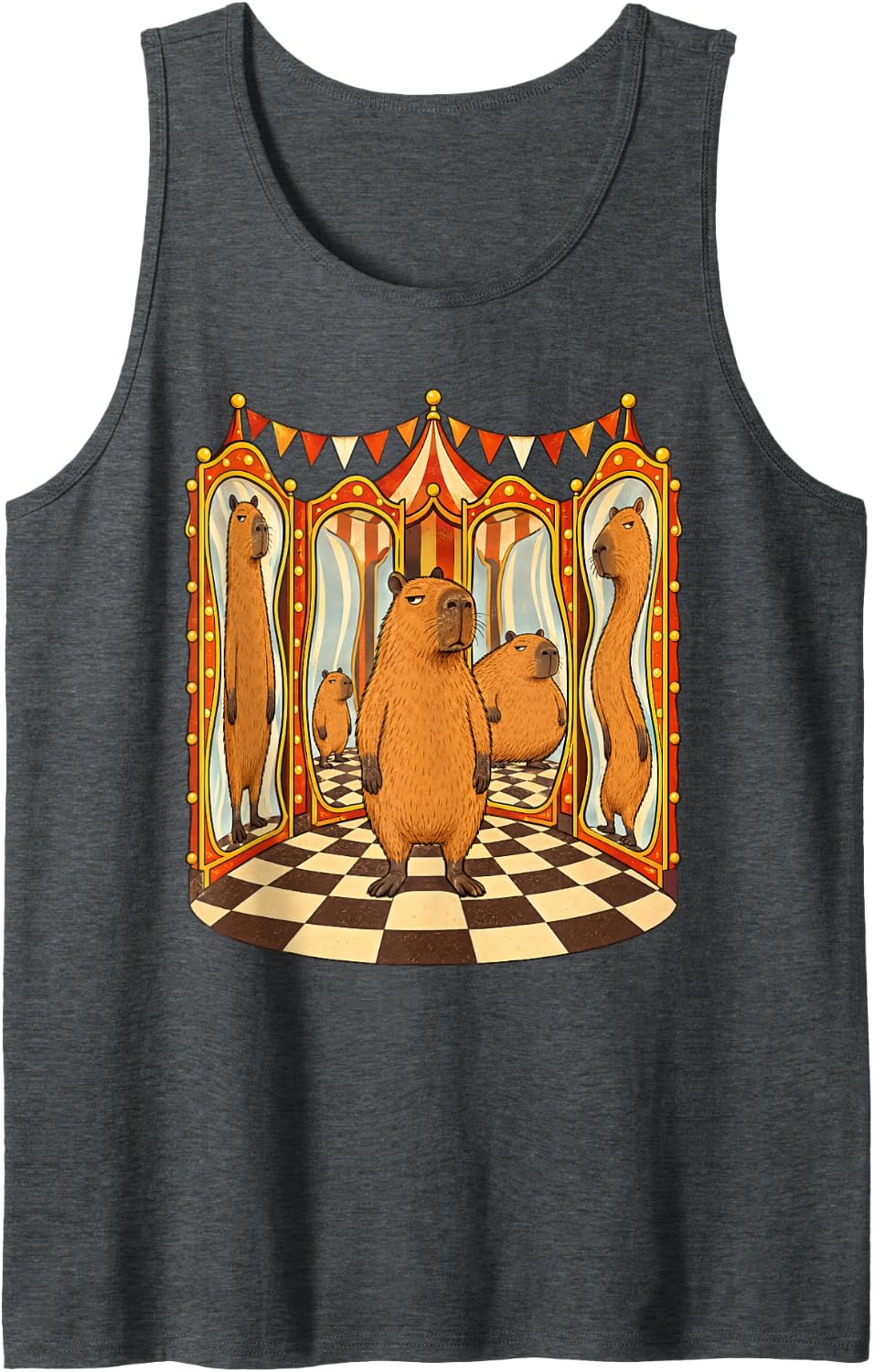 Capybara Funhouse Mirror Reflections Carnival Critter Sleeveless Tank Top - Dark Heather Grey