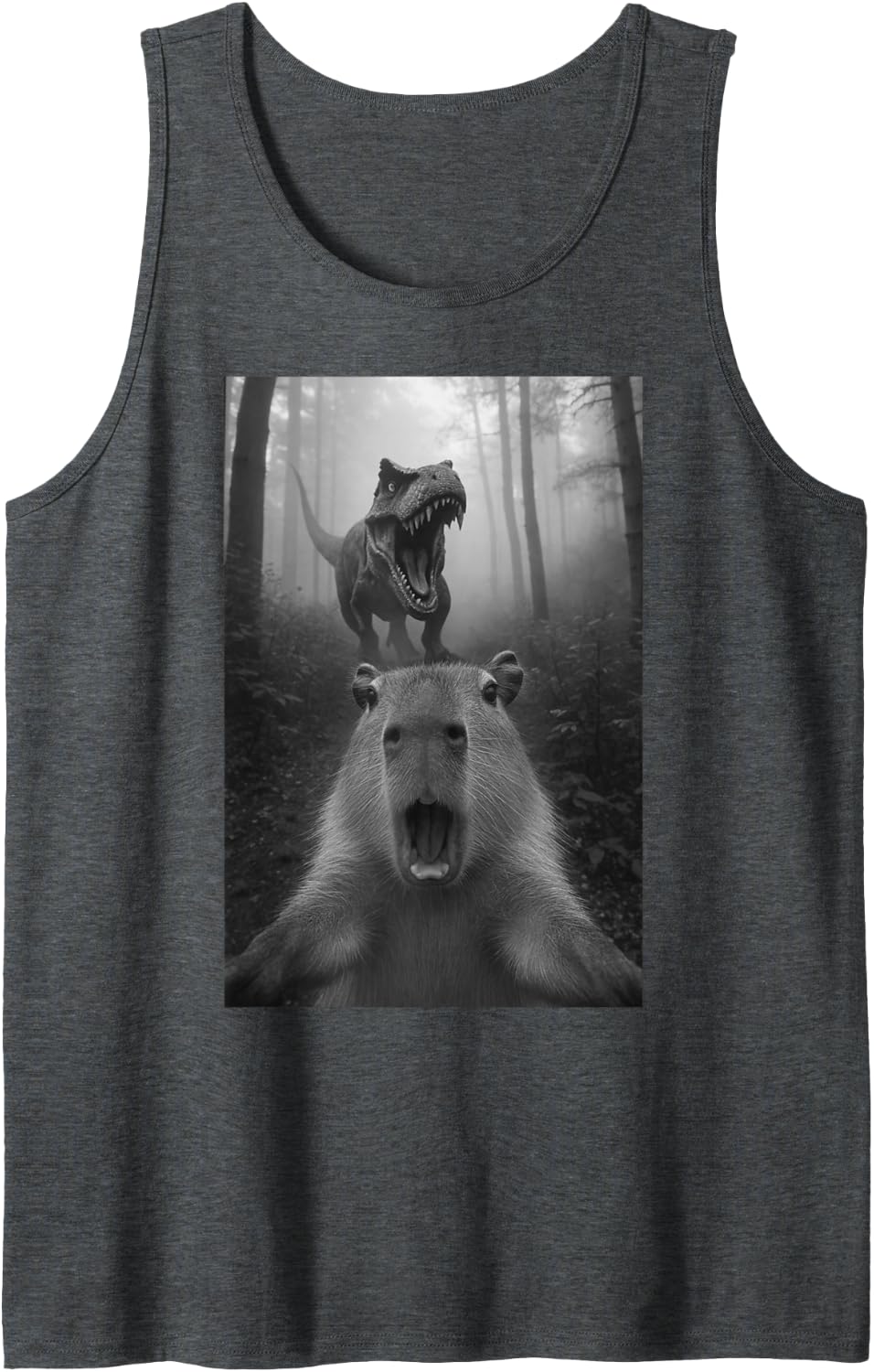Capybara Selfie with T-Rex Sleeveless Tank Top - Dark Heather Grey