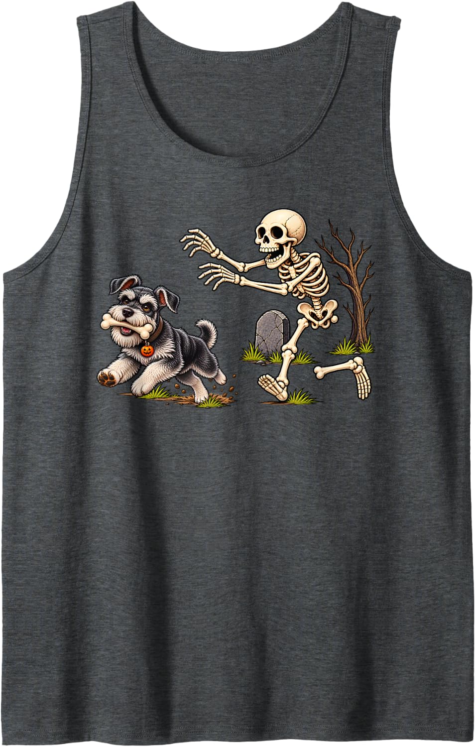 Funny Schnauzer Dog Stealing Bone from Skeleton Halloween Sleeveless Tank Top - Dark Heather Grey