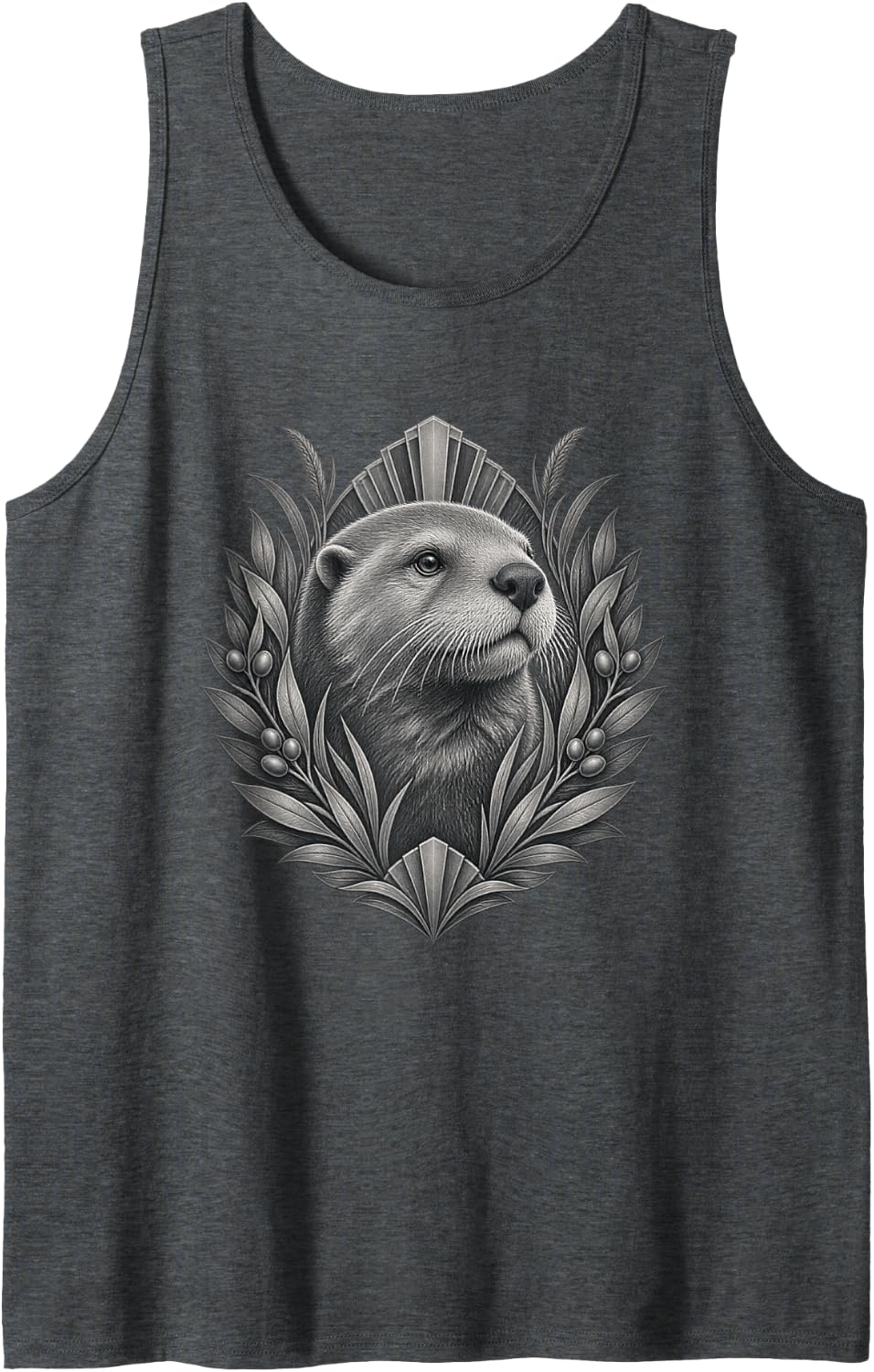 Monochrome Sea Otter with Leaves Berries and Geometric Fans Sleeveless Tank Top - Dark Heather Grey