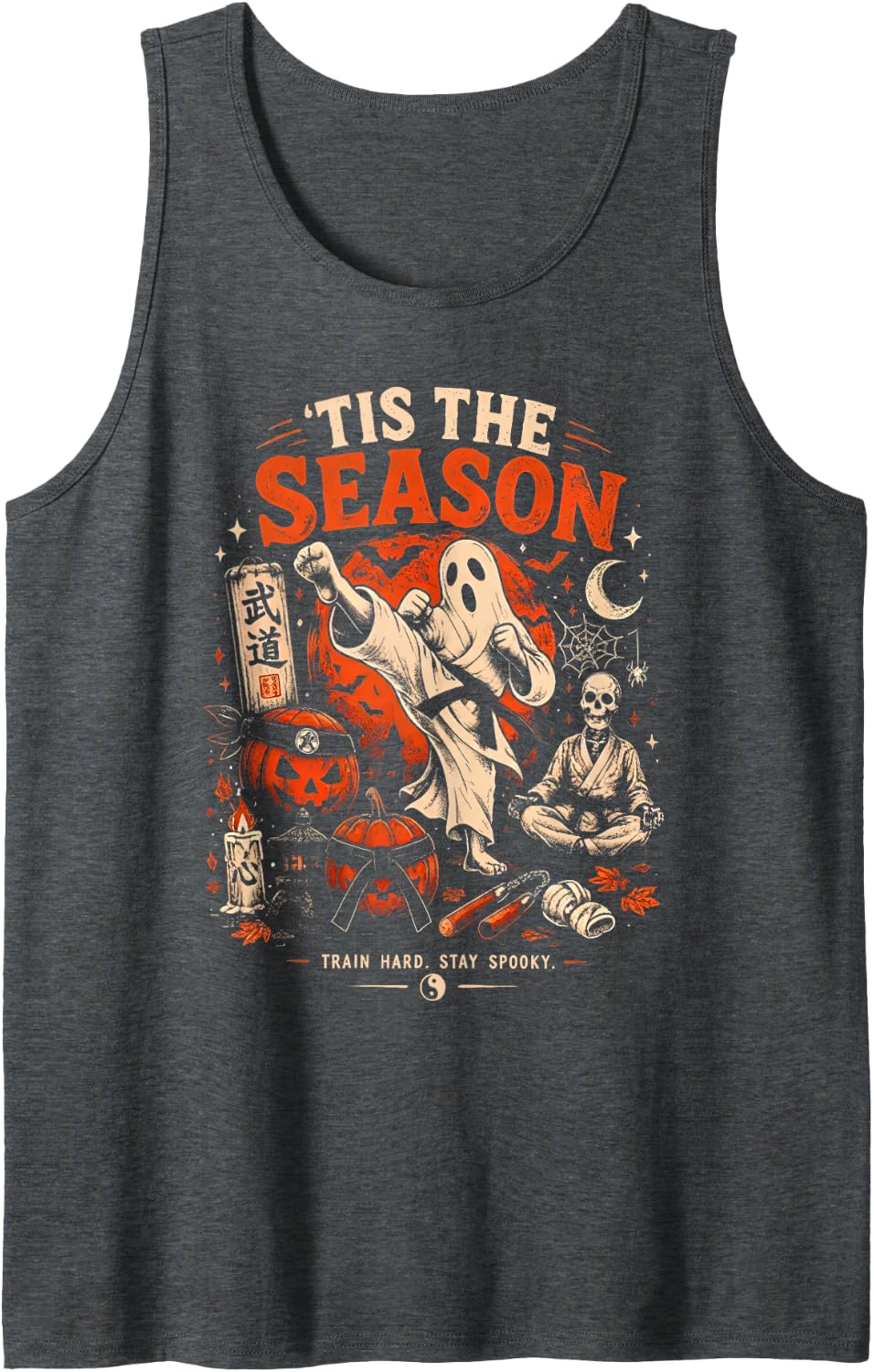 Tis The Season Karate Pumpkin Ghost Martial Arts Halloween Sleeveless Tank Top - Dark Heather Grey