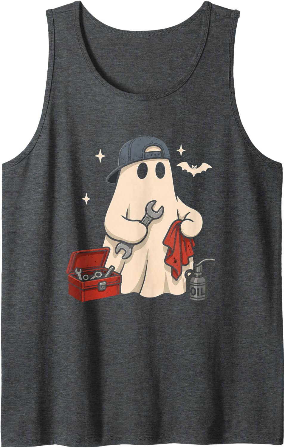 Ghost Mechanic Funny Halloween Spooky Auto Repair Garage Sleeveless Tank Top - Dark Heather Grey