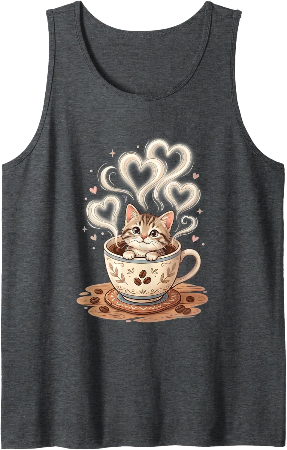 Cute Kitten in Coffee Cup Heart Steam Cat Lover Coffee Tank Top - Dark Heather Grey