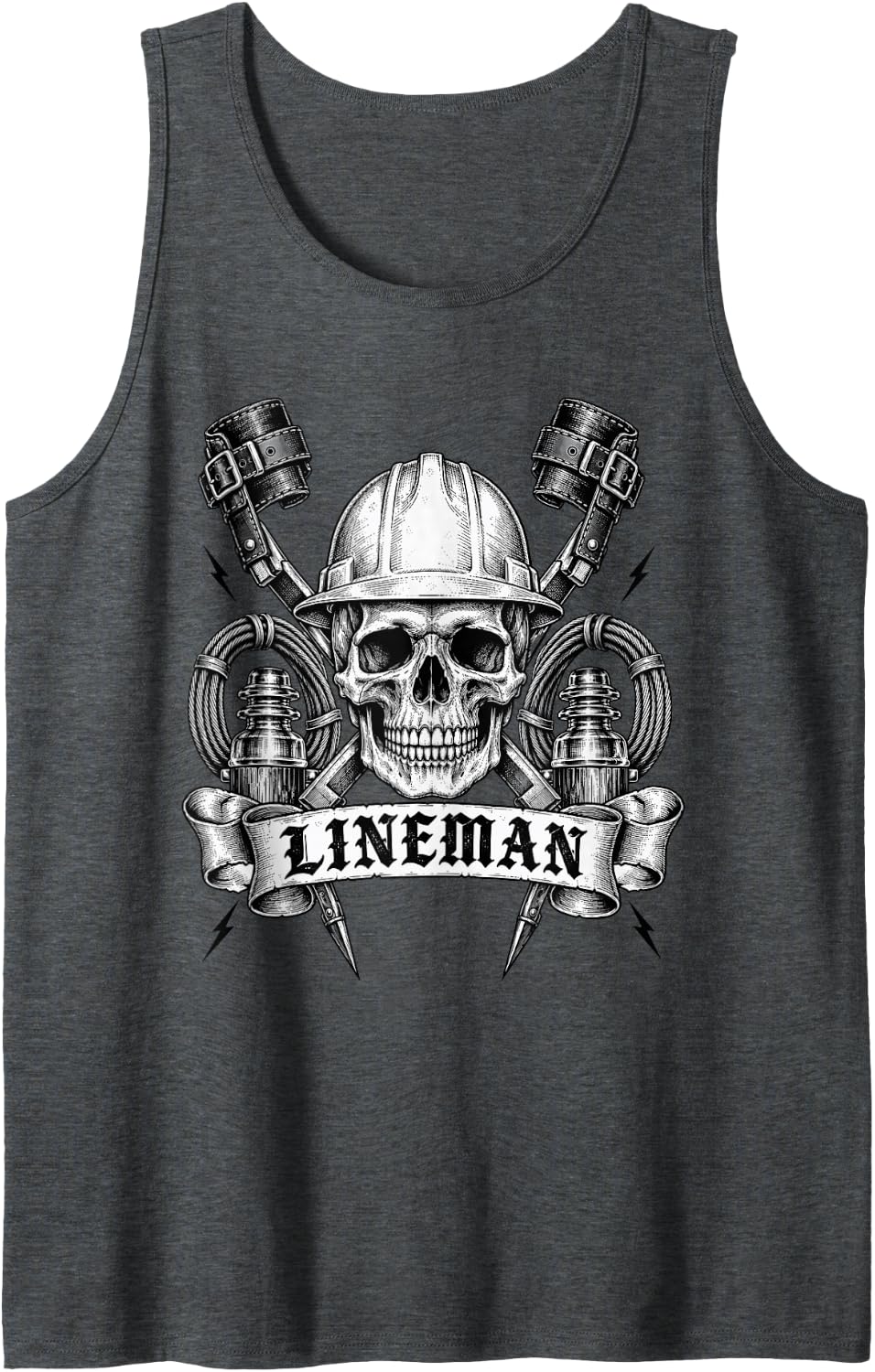 Lineman Skull with Hard Hat and Tools Sleeveless Tank Top - Dark Heather Grey