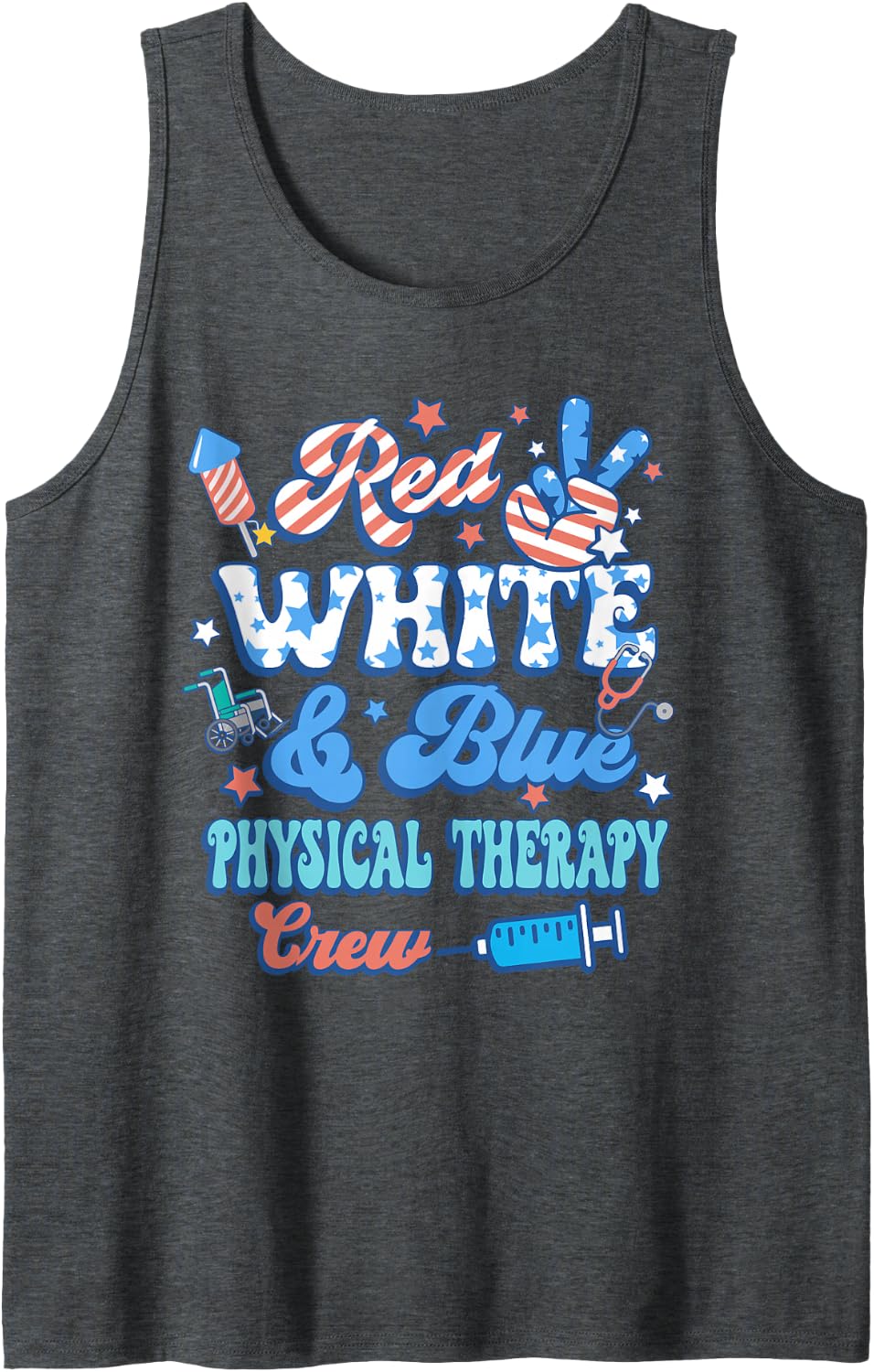 Groovy Red White Blue Physical Therapy Crew 4th of July Sleeveless Tank Top - Dark Heather Grey