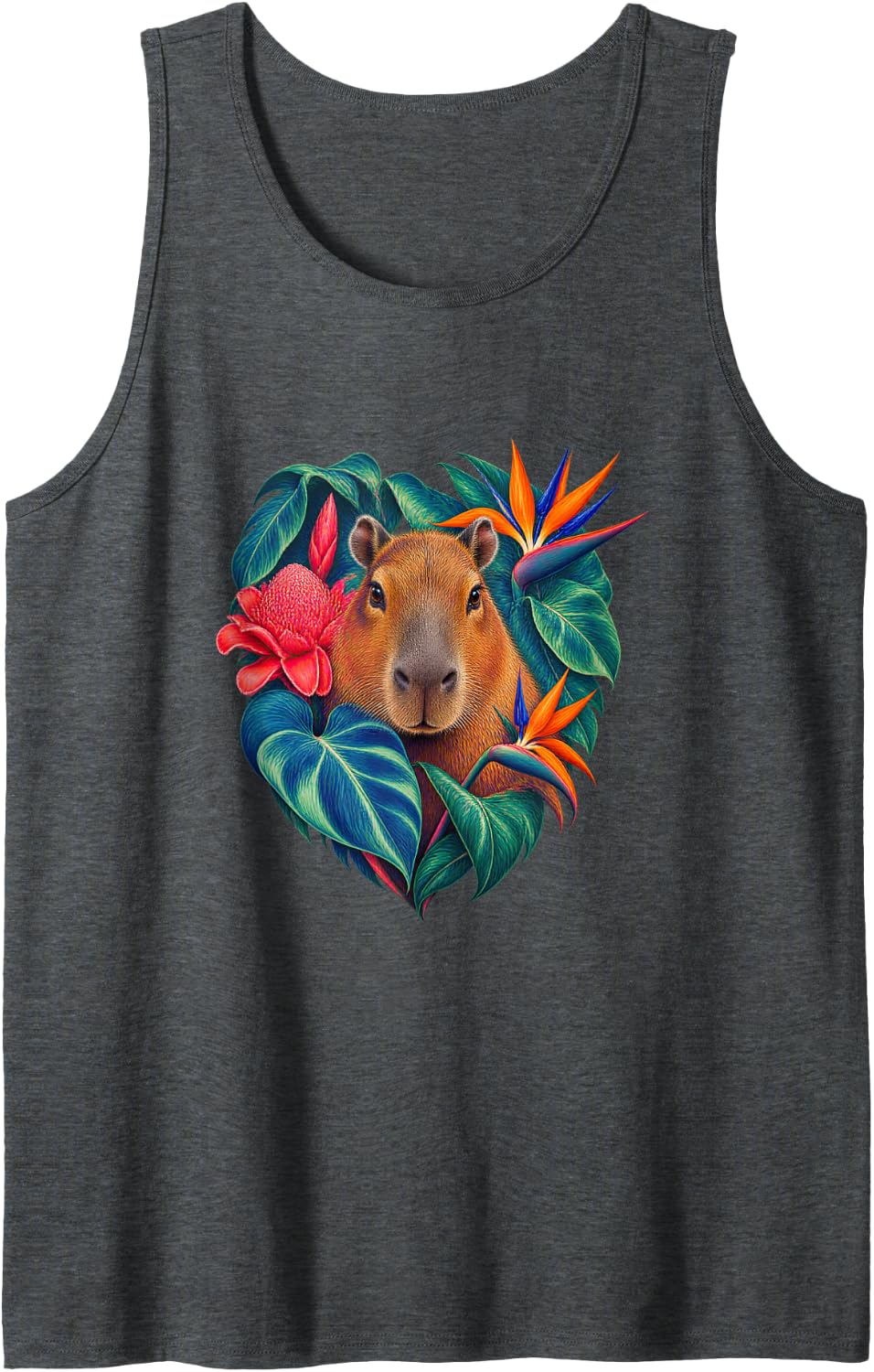Capybara Philodendron Tropical Botanical Art Sleeveless Tank Top - Dark Heather Grey