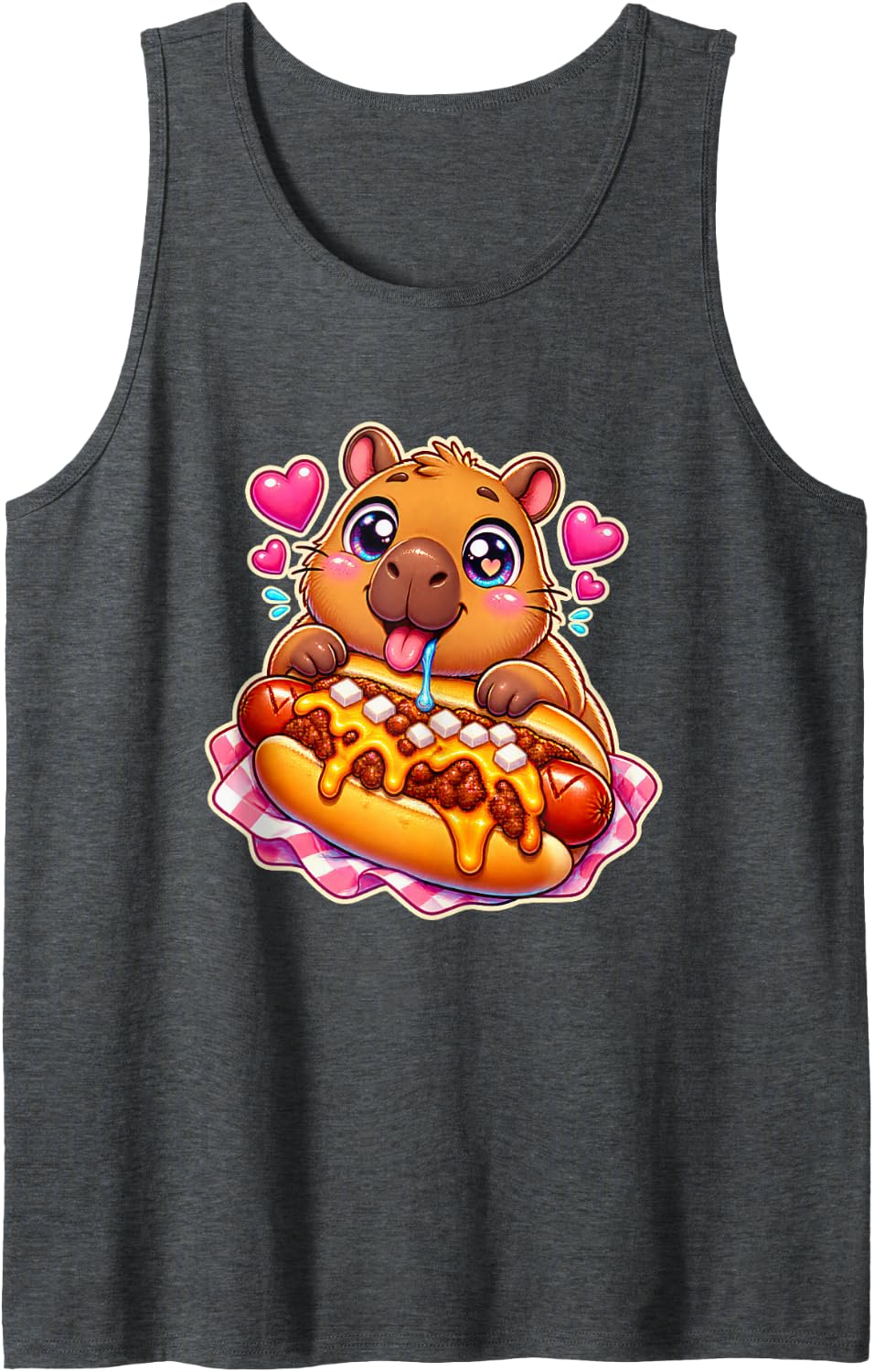 Capybara with Chili Topped Bun and Glossy Heart Shapes Sleeveless Tank Top - Dark Heather Grey