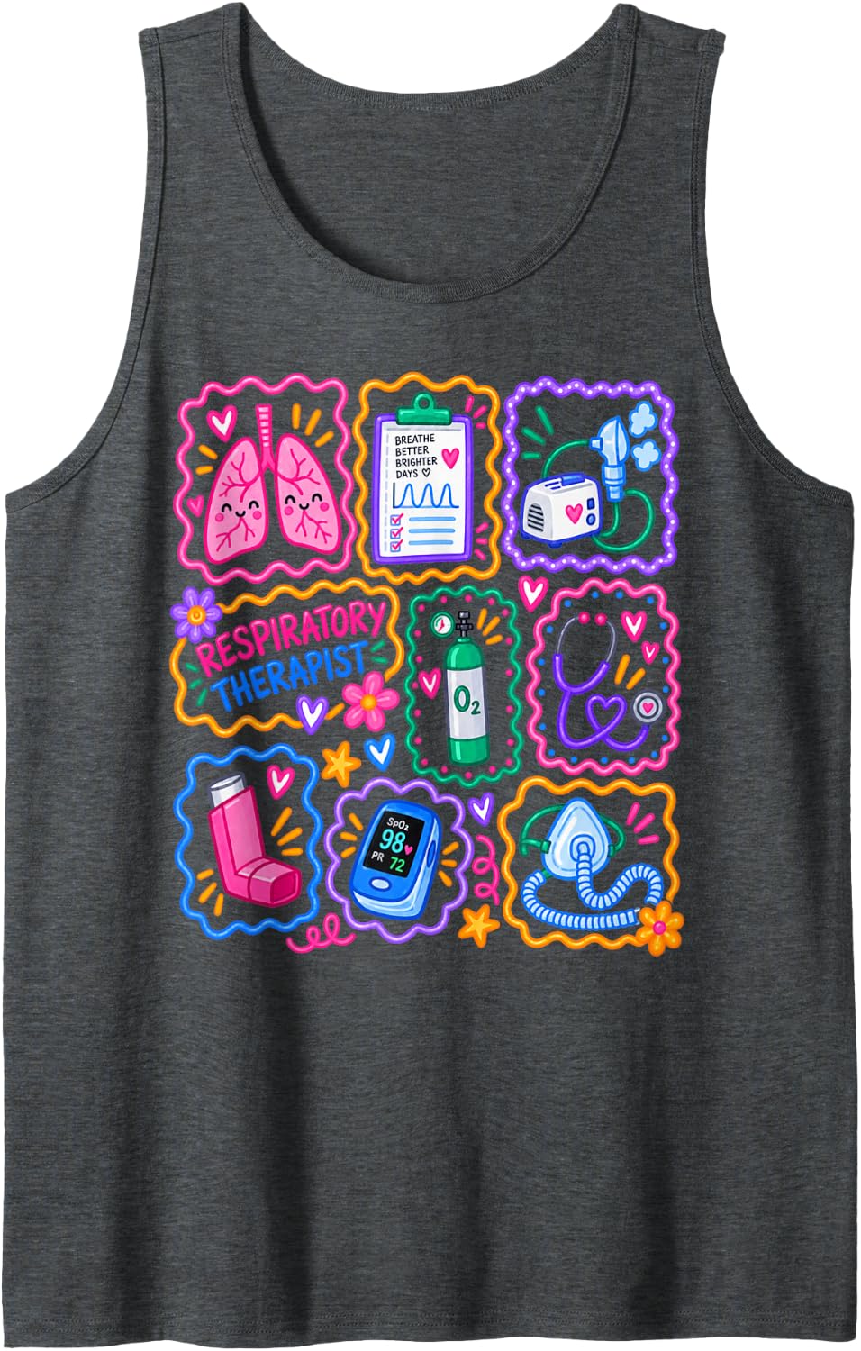 Respiratory Therapist RT Respiratory Care Doodle Patchwork Sleeveless Tank Top - Dark Heather Grey