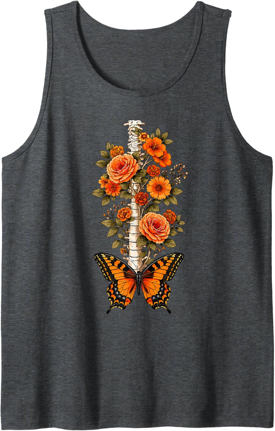 Floral Spine Skeleton Chiropractor Funny Halloween Tank Top - Dark Heather Grey