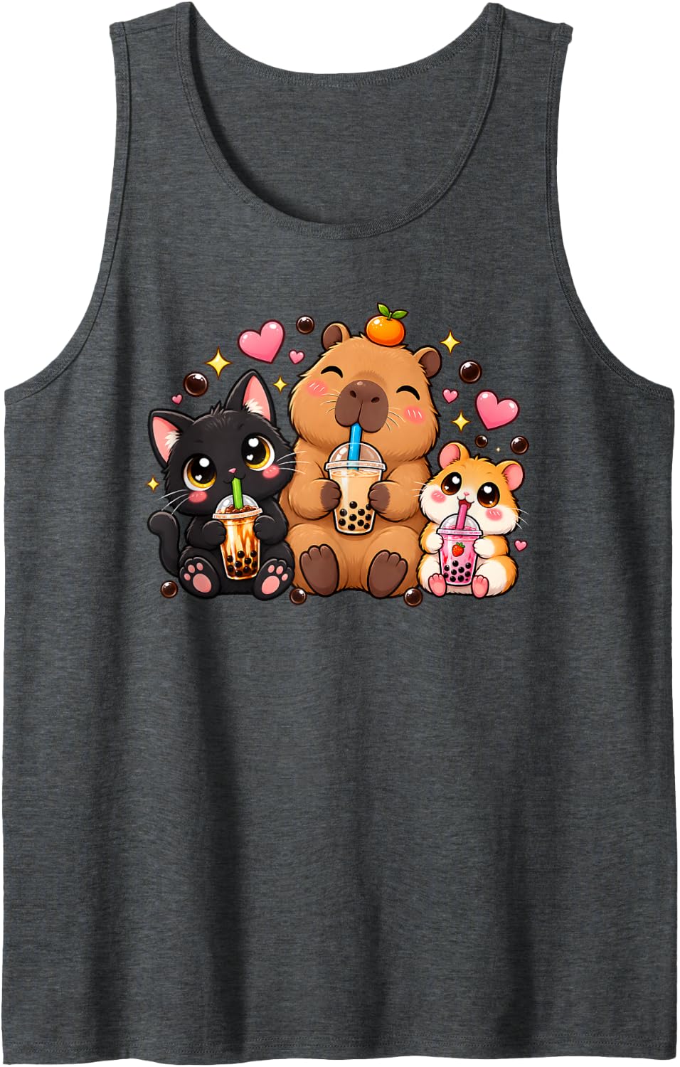 Capybara Cat and Hamster Drinking Bubble Tea Kawaii Sleeveless Tank Top - Dark Heather Grey