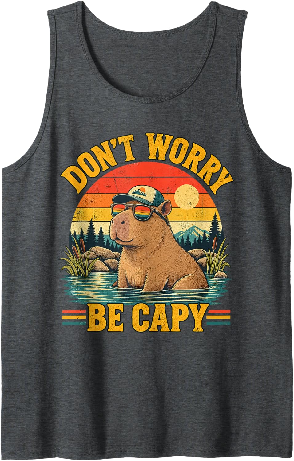 Don't Worry Be Capy Funny Capybara Retro Sunset Sleeveless Tank Top - Dark Heather Grey