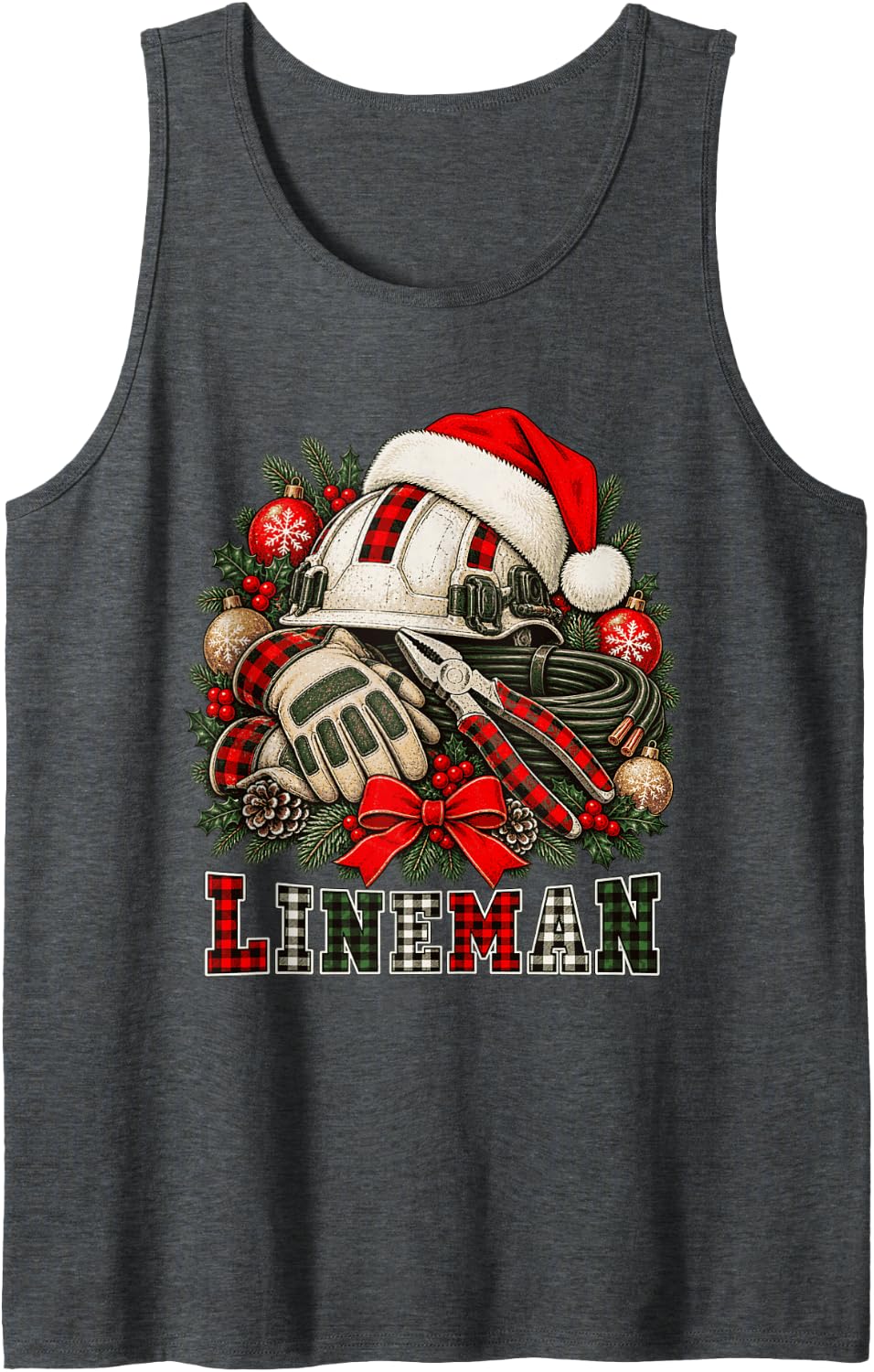 Christmas Lineman Hat Utility Tools Buffalo Plaid Sleeveless Tank Top - Dark Heather Grey
