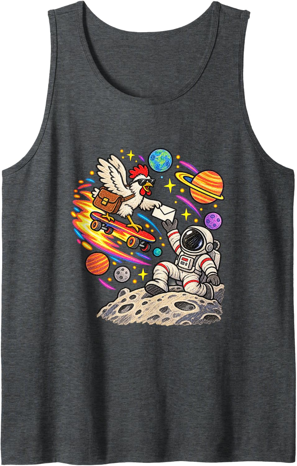 Chicken Space Mailman Funny Animal Meme Sleeveless Tank Top - Dark Heather Grey
