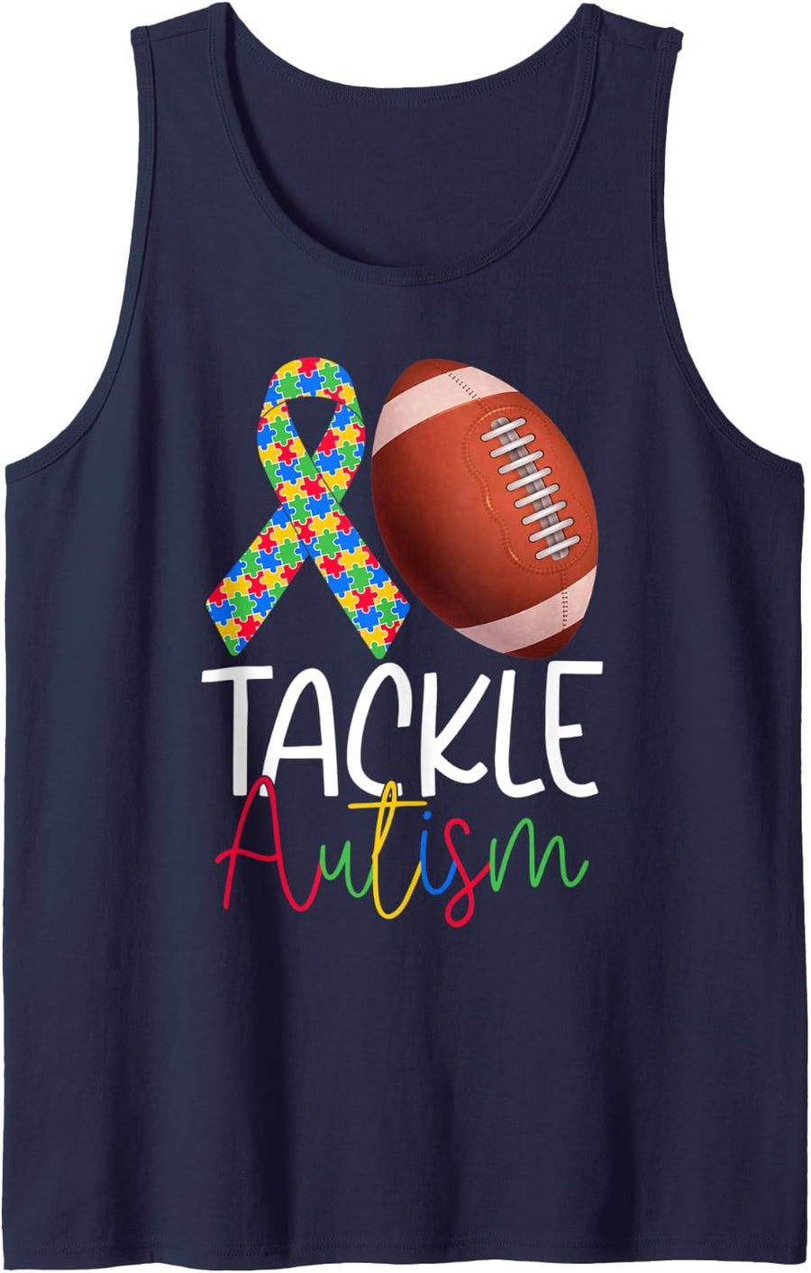 Tackle Autism Awareness Puzzle Ribbon & Football Ball Kids Tank Top - Navy Blue