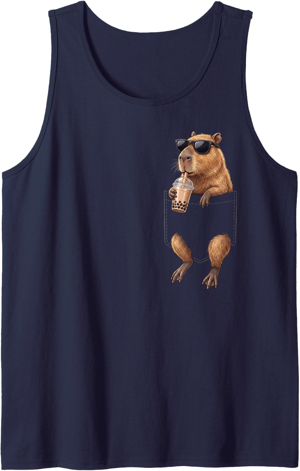 Capybara Pocket Drinking Bubble Tea Boba Tea Lover Sleeveless Tank Top - Navy Blue