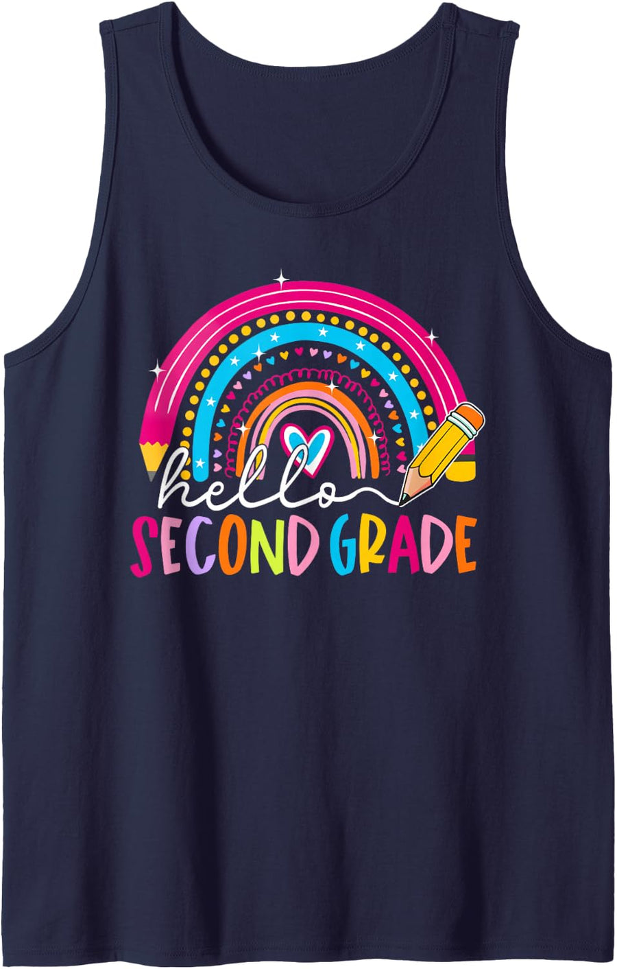 Back to School Hello 2nd Second Grade Rainbow Pencil Kid Sleeveless Tank Top - Navy Blue