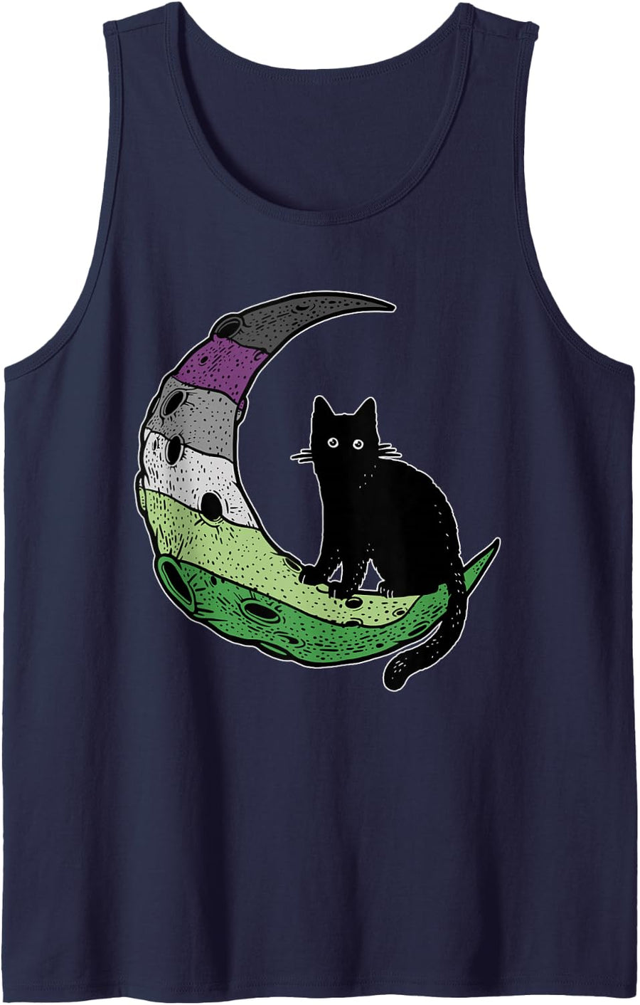 Aroace Cat Moon LGBT Gay Asexual Aromantic Pride Flag ARO Sleeveless Tank Top - Navy Blue