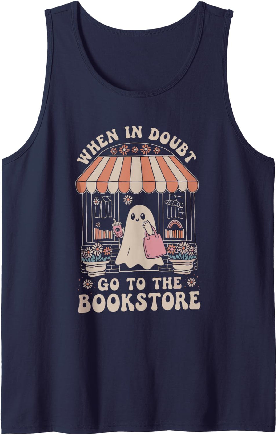 Cute Bookstore Ghost - Retro Women Book Lovers Tank Top - Navy Blue