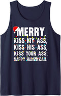 Merry Kiss My Ass Christmas Happy Hanukkah Adult Humor Tee Tank Top - Navy Blue