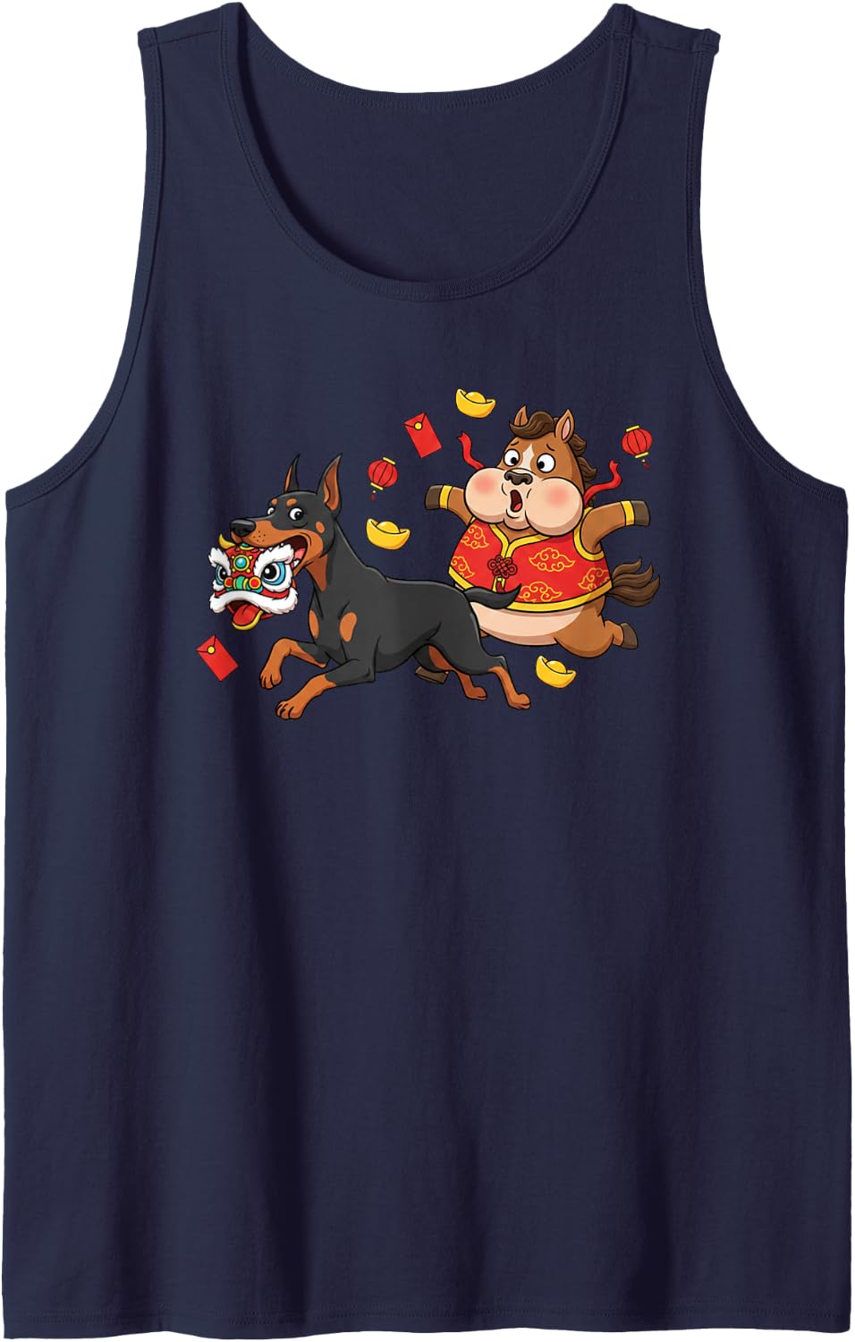 Chinese Horse Doberman Pinscher Mens Womens Happy New Year Sleeveless Tank Top - Navy Blue