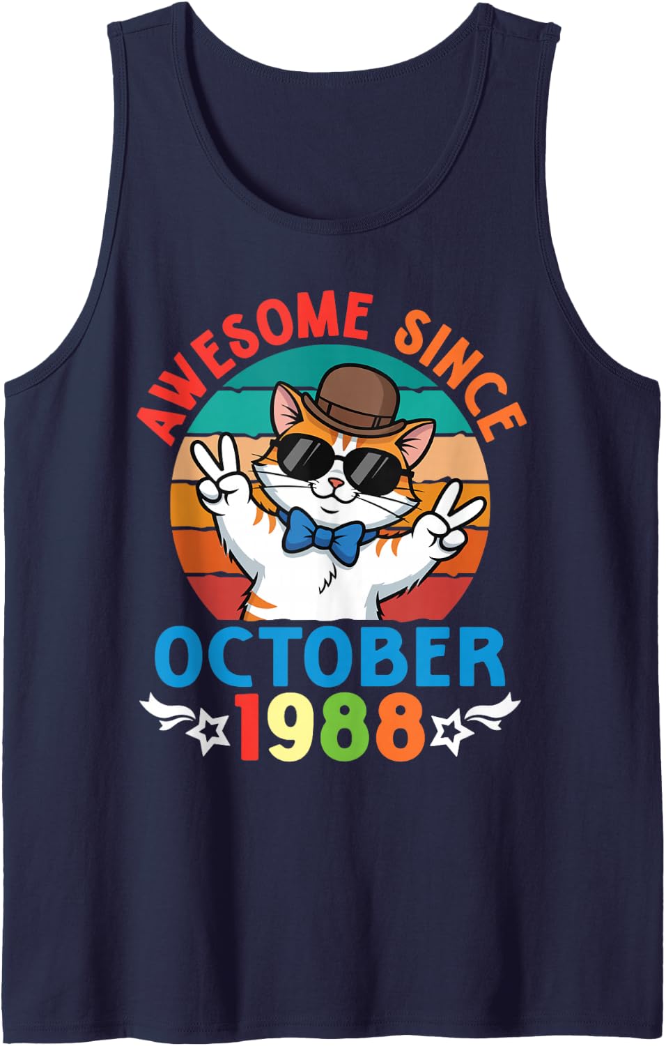 Cat Boy Awesome Since October 1988 My Birthday 38 Years Old Sleeveless Tank Top - Navy Blue