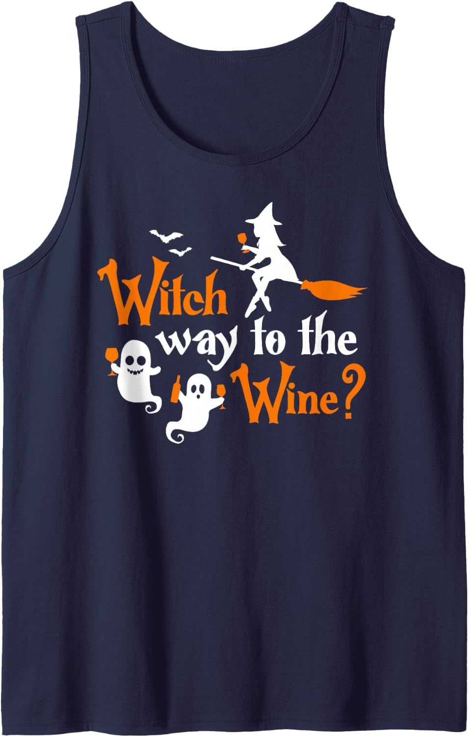 Witch Way to the Wine Funny Halloween Witch Wine Lover Sleeveless Tank Top - Navy Blue