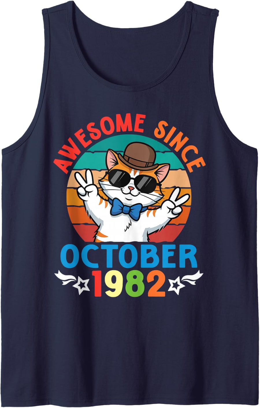 Cat Boy Awesome Since October 1982 My Birthday 44 Years Old Sleeveless Tank Top - Navy Blue
