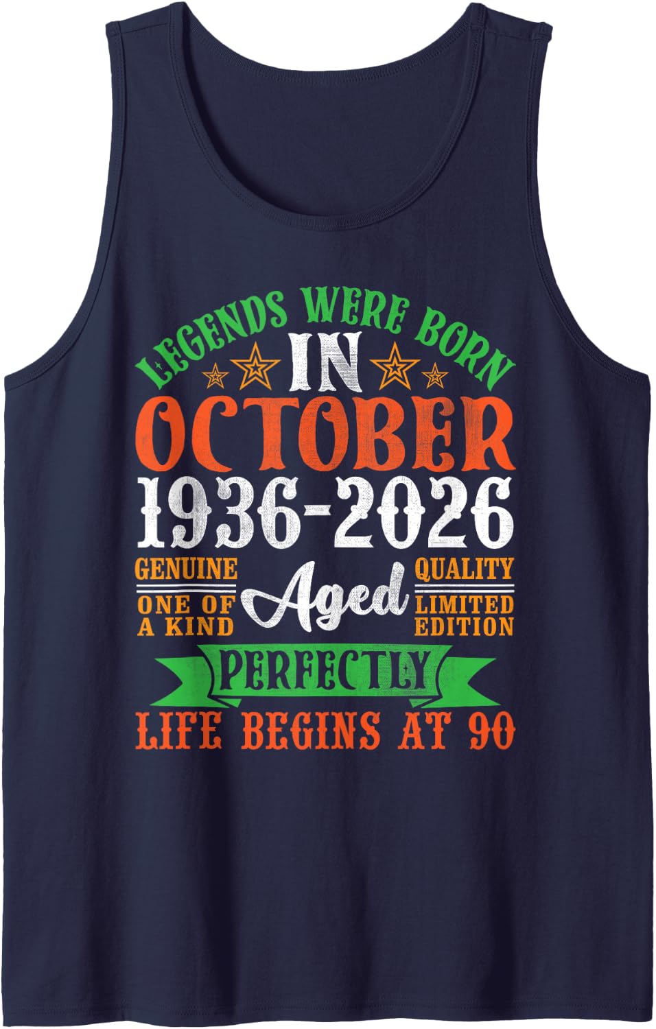 Legends were Born October 1936 2026 Life Begins 90 Years Old Sleeveless Tank Top - Navy Blue