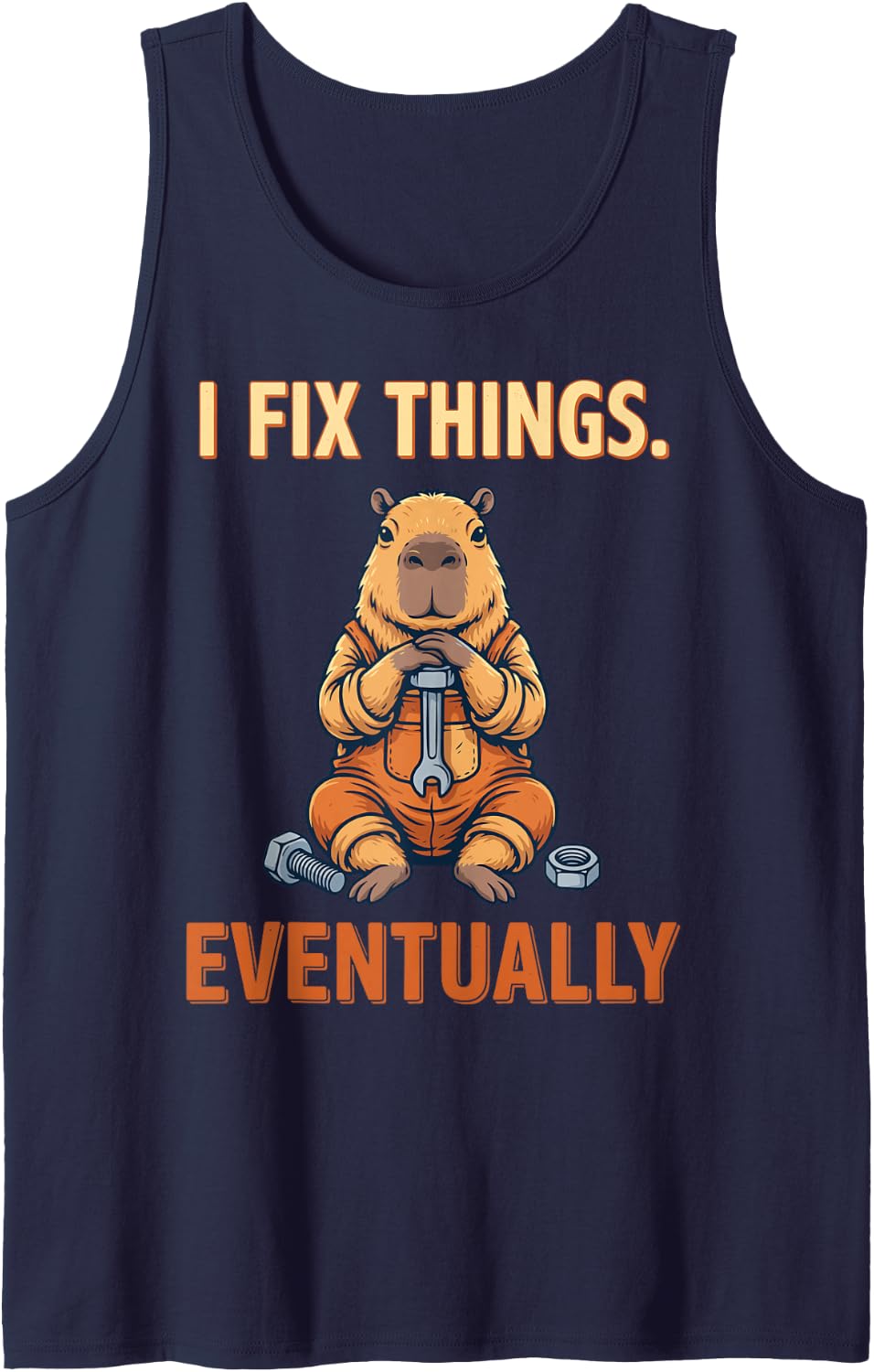 I Fix Things Eventually Funny Capybara Mechanic Humor Sleeveless Tank Top - Navy Blue