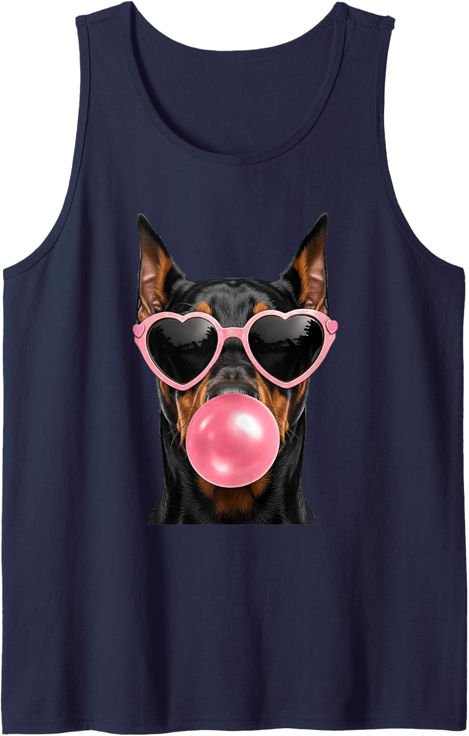 Doberman Pinscher Dog Blowing Bubble Gum Pink Sunglasses Sleeveless Tank Top - Navy Blue