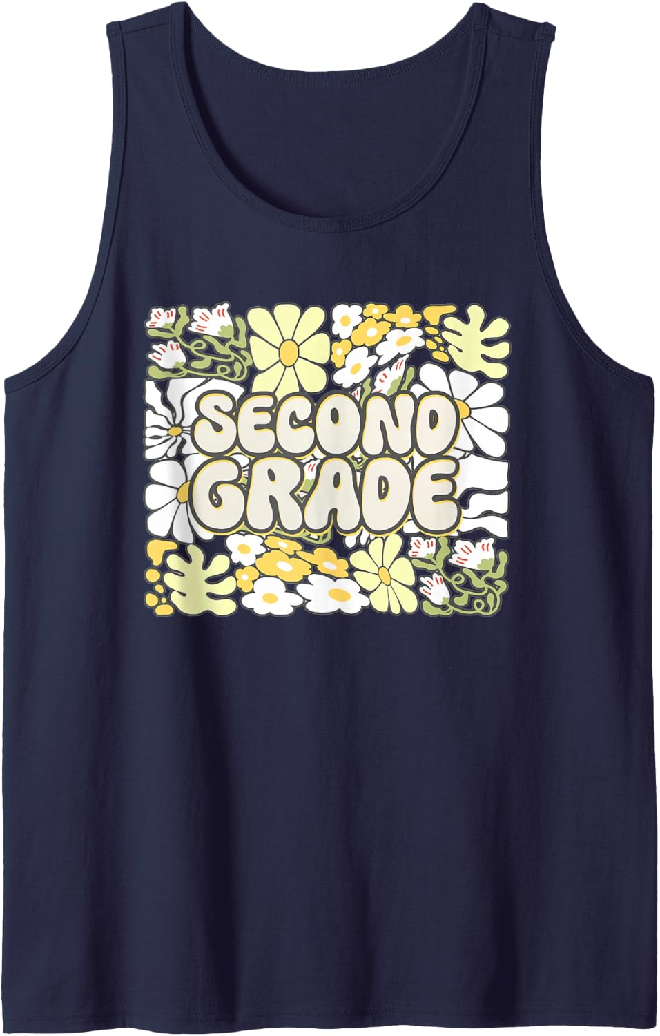 Retro Second Grade Teacher Boho Floral Back to School Sleeveless Tank Top - Navy Blue