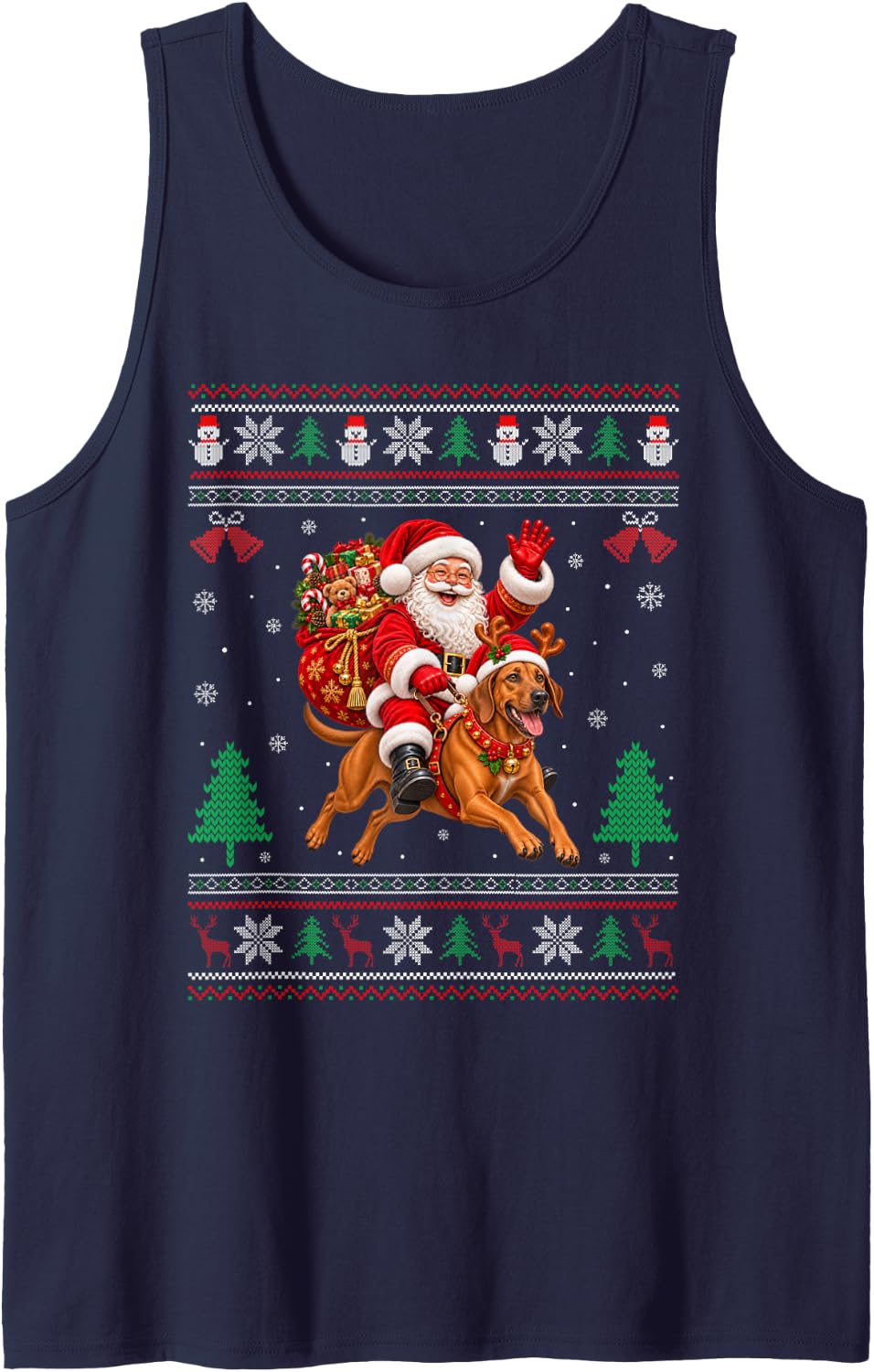 Rhodesian Ridgeback Ugly Christmas Sweater Santa Riding Dog Sleeveless Tank Top - Navy Blue