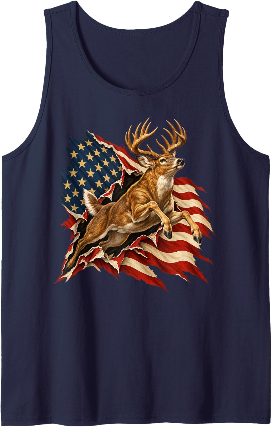 Patriotic Stag Bursting Through Torn Flag Sleeveless Tank Top - Navy Blue