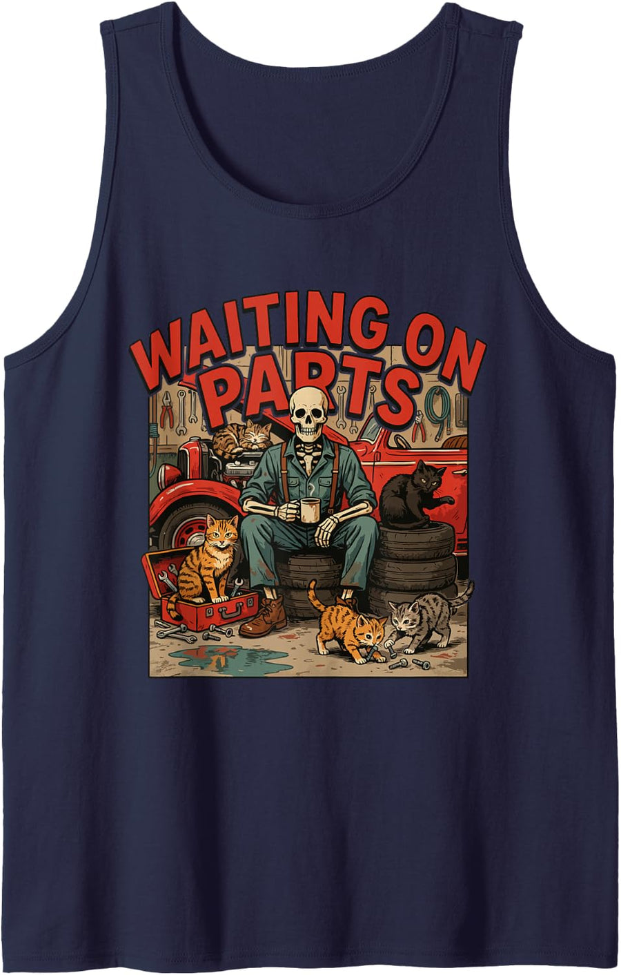 Funny Waiting On Parts Mechanic Skeleton Auto Repair Life Sleeveless Tank Top - Navy Blue