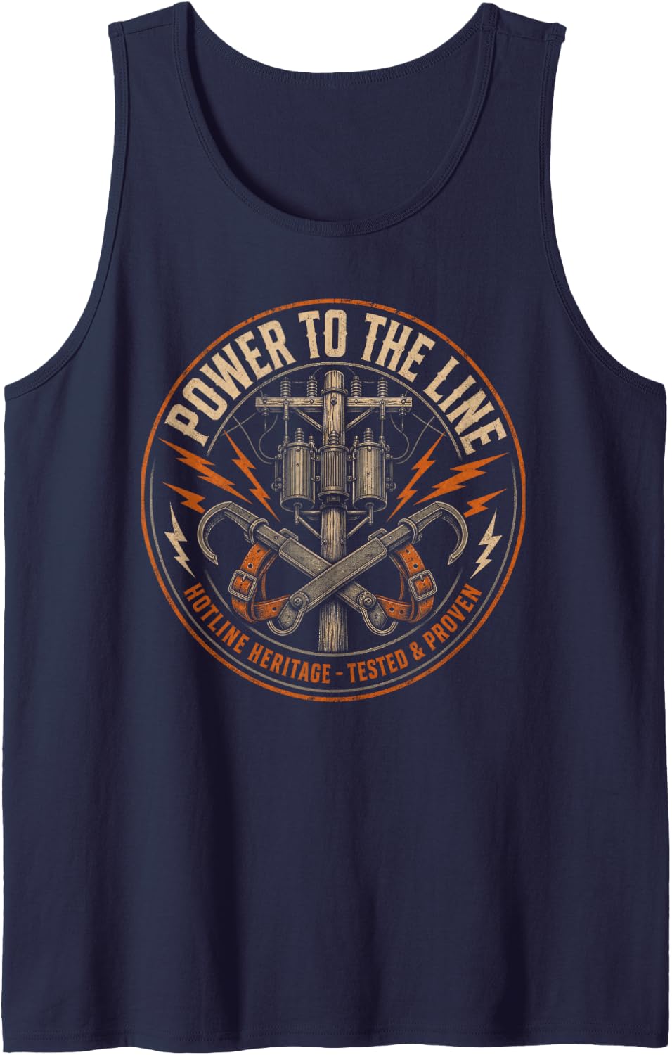 Power to The Line Electrical Utility Lineman Sleeveless Tank Top - Navy Blue