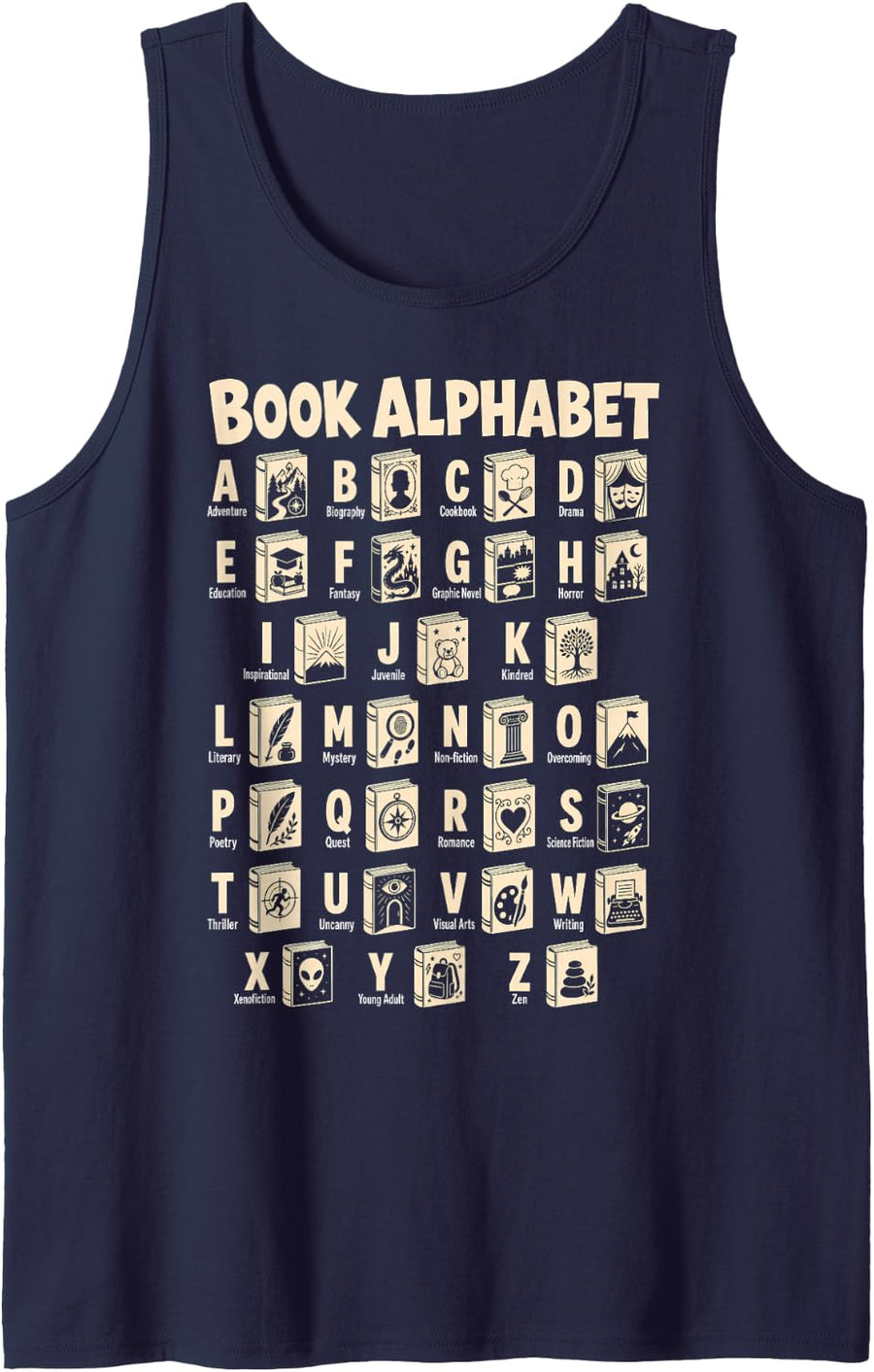 Book Alphabet Teacher Reading Genres Literature Lover Sleeveless Tank Top - Navy Blue
