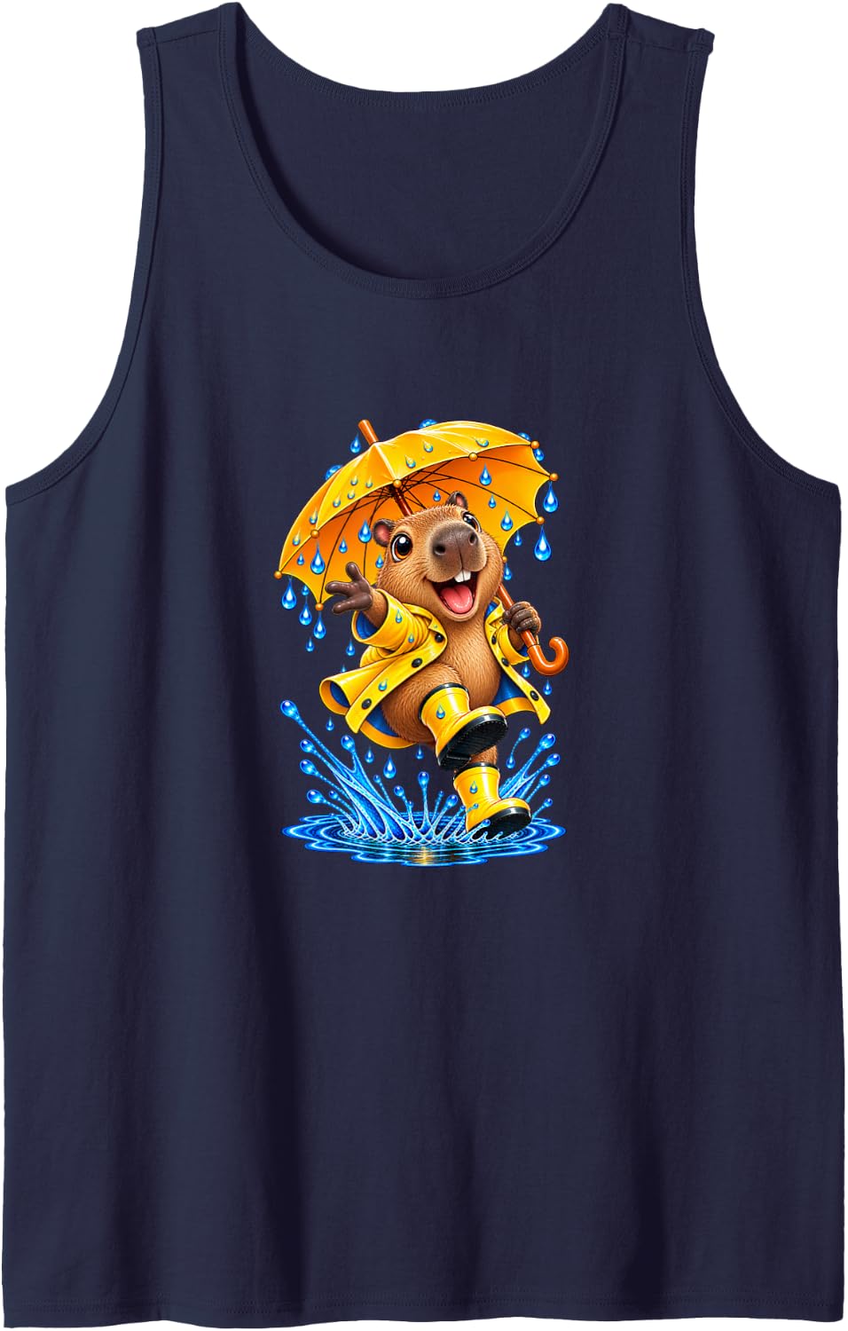 Happy Capybara Splashing Puddle Rainy Day Sleeveless Tank Top - Navy Blue