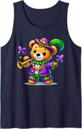 Cute Teddy Bear Mardi Gras Trumpet Men Women Kids Music Tee Sleeveless Tank Top - Navy Blue